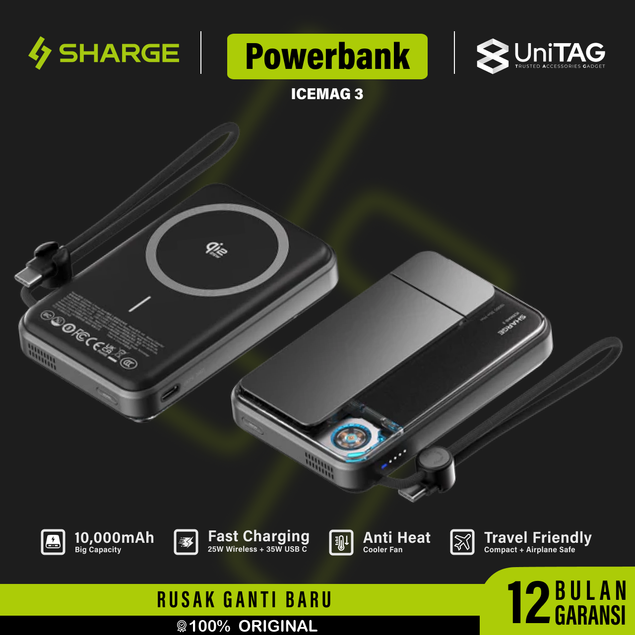 Sharge Powerbank Magsafe Transparent Stand 10000mAh IceMag 3 Qi 2.2 - Black YDD-SG-HW-JF3CX-HEI