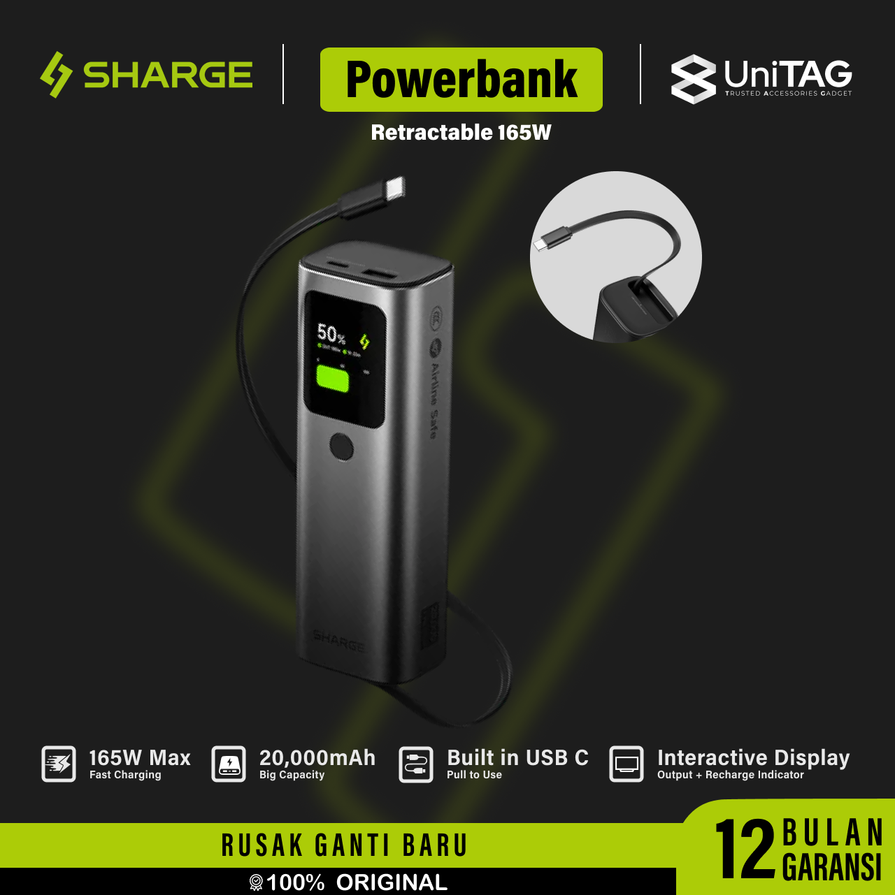 Sharge Powerbank 20000 mAh Built in Retractable Cable USB C 165W E4 - Black YDD-SG-E4SSX-HEI