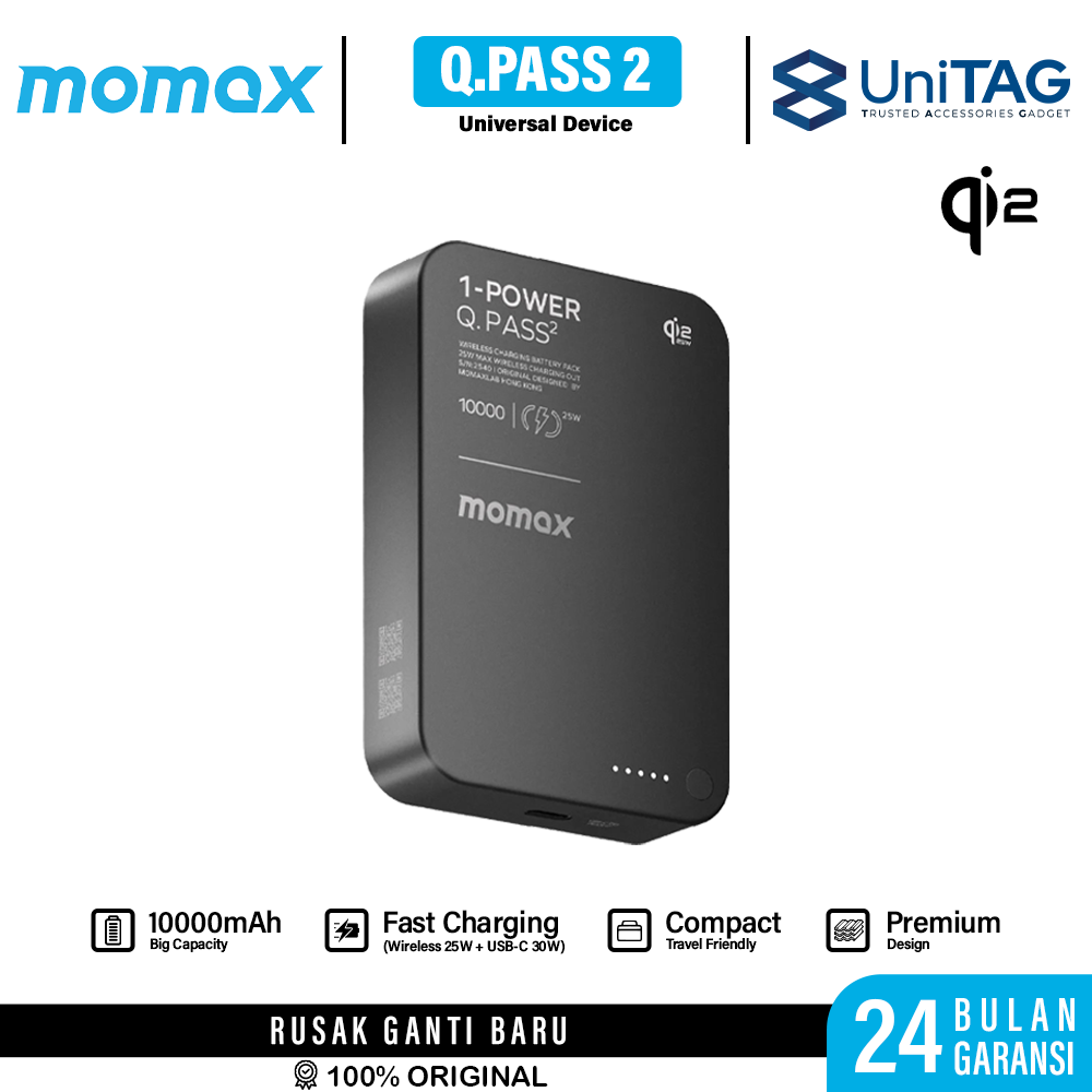 Momax Wall Charger Powerbank 3 in 1 Built in Retractable Cable USB C 45W GAN 10000mAh 1-PAC+ - Black IP167GSD