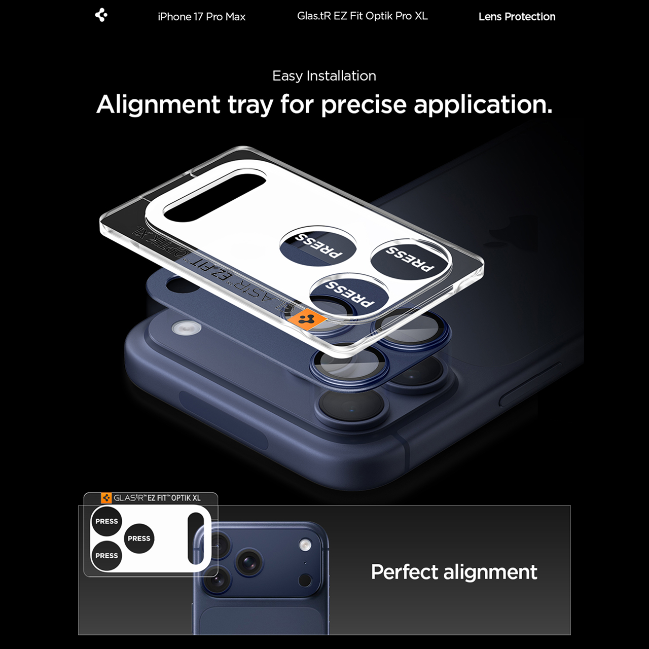 Spigen iPhone 17 Pro Camera Lens Protector with Tray 1 Pack GlastR EZ Fit Optik Pro XL - Blue AGL10646-1
