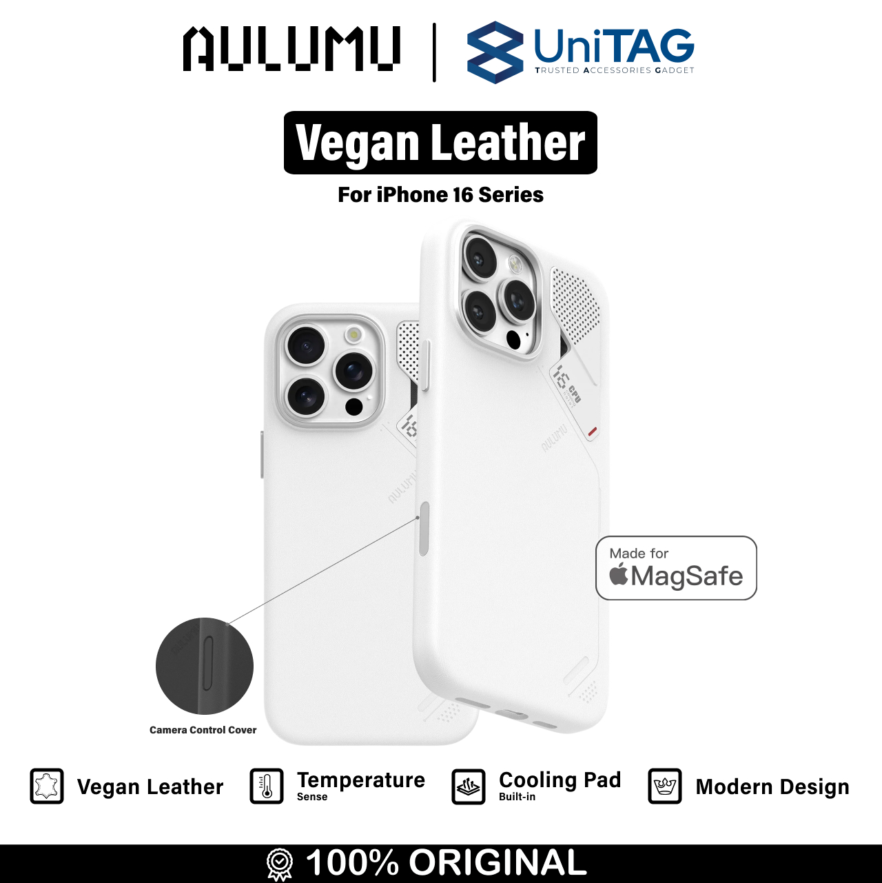 Aulumu iPhone 16 Pro Max Case Vegan Leather with Camera Control - White A16-PU-WT-PM