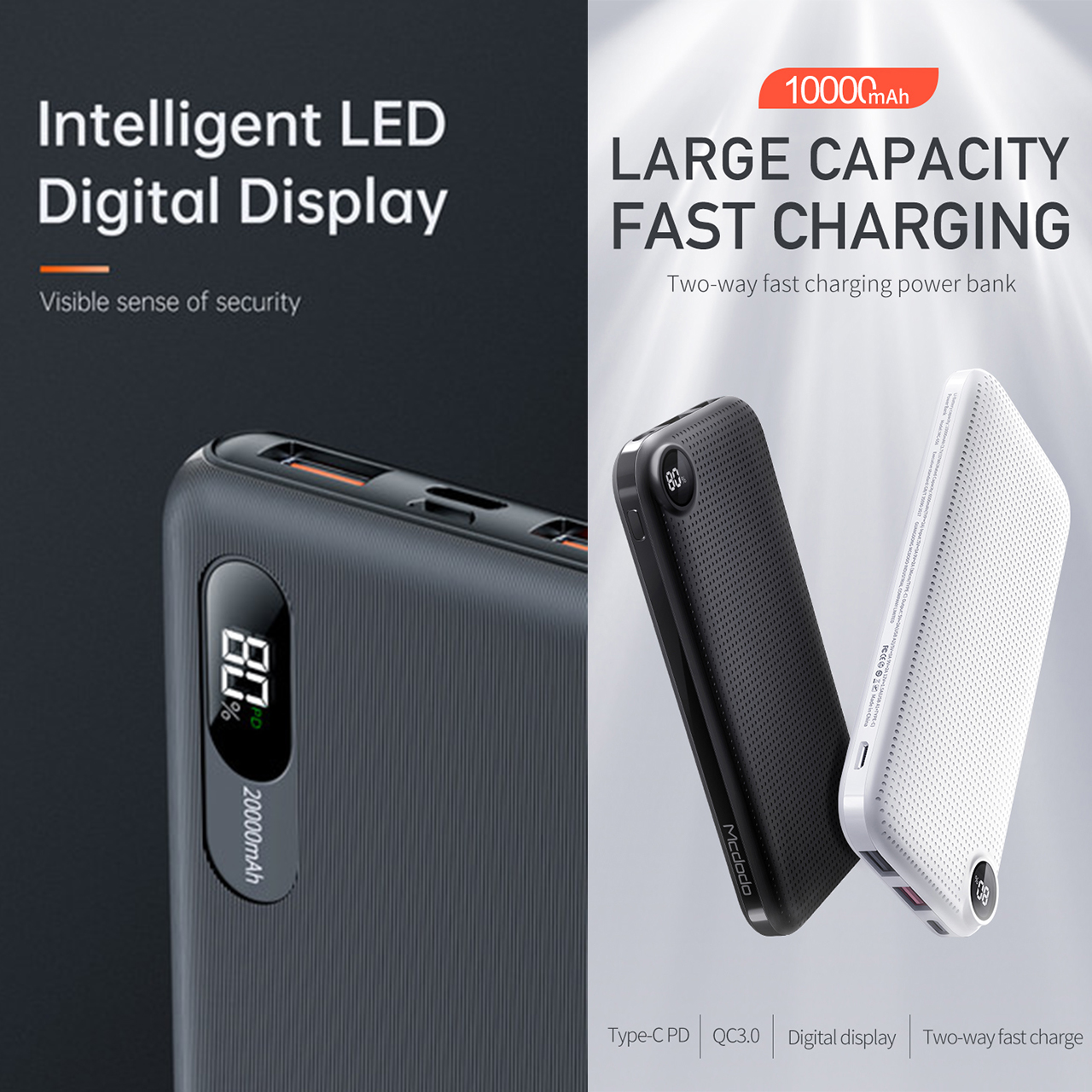 Powerbank MCDODO 20000mAh/10000mAh 22.5W PD QC 3.0 Fast Charge USB A/C