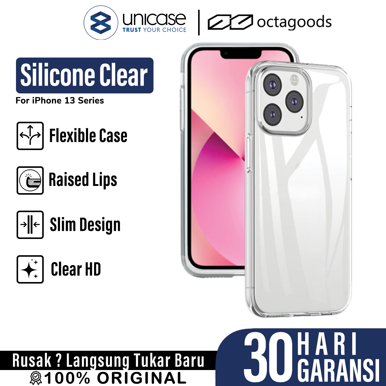 Case iPhone 13 Pro Max 13 Mini OctaGoods Silicone Clear Soft Casing