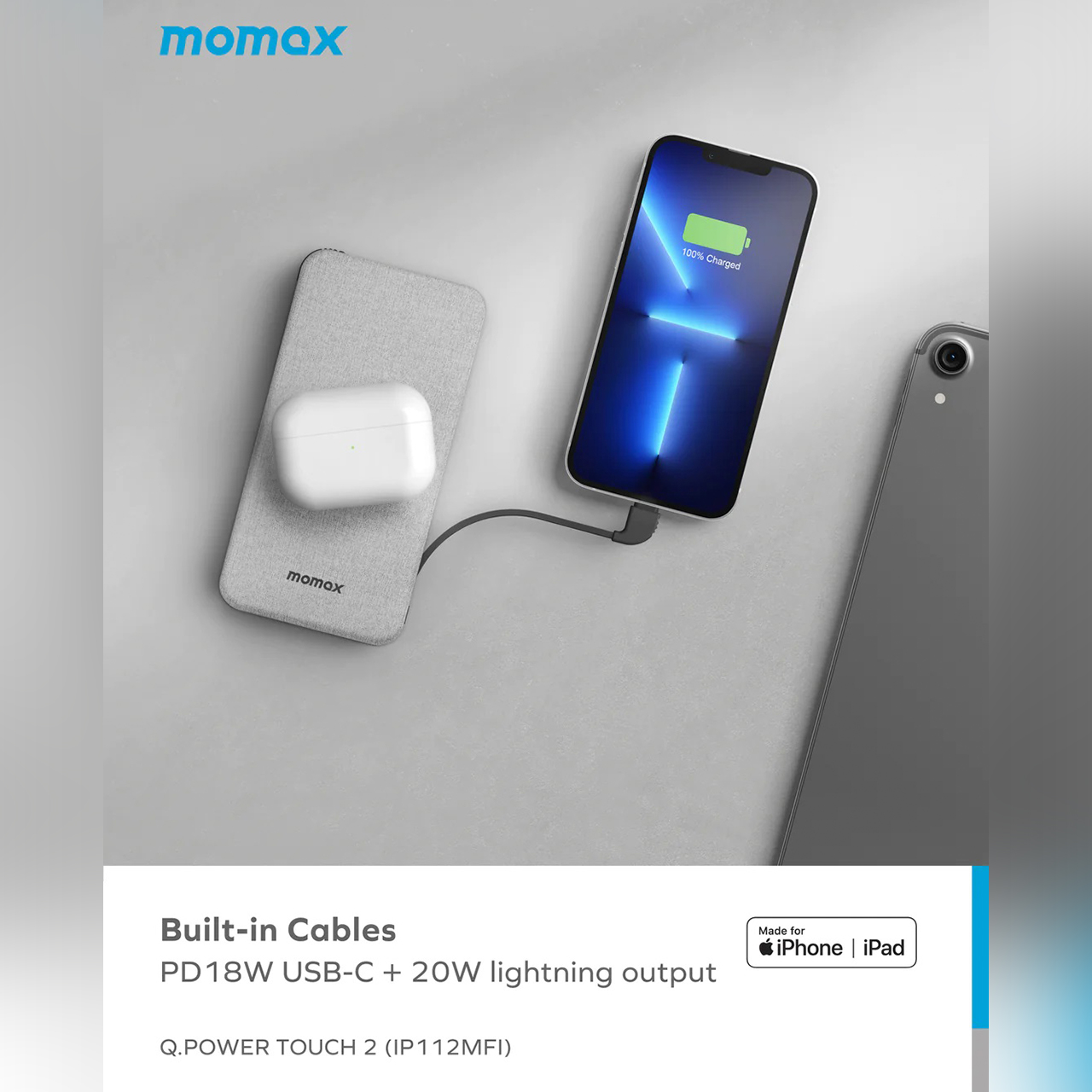 Powerbank Wireless 15W Momax 10000mAh USB Type C Lightning MFi Cable
