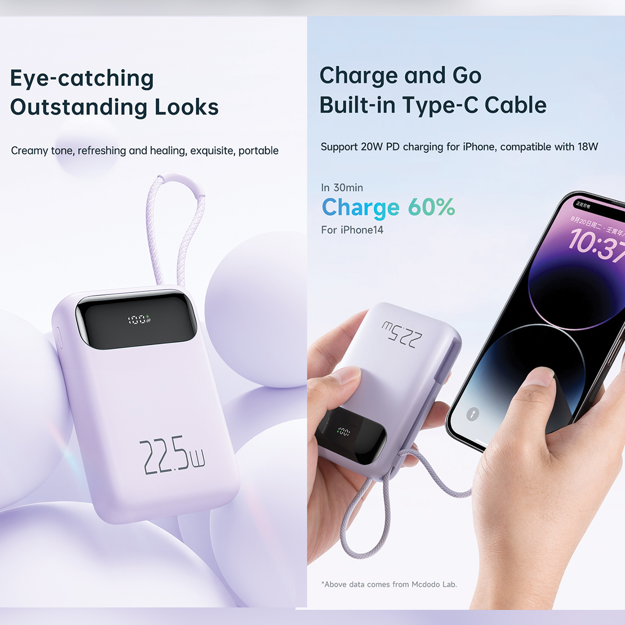 Powerbank Cable Lightning 22.5W MCDODO 10000mAh PD QC Fast Charging