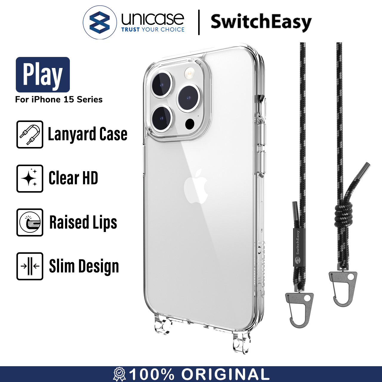 Case iPhone 15 Pro Max Plus SwitchEasy Play Lanyard Slim Clear Casing