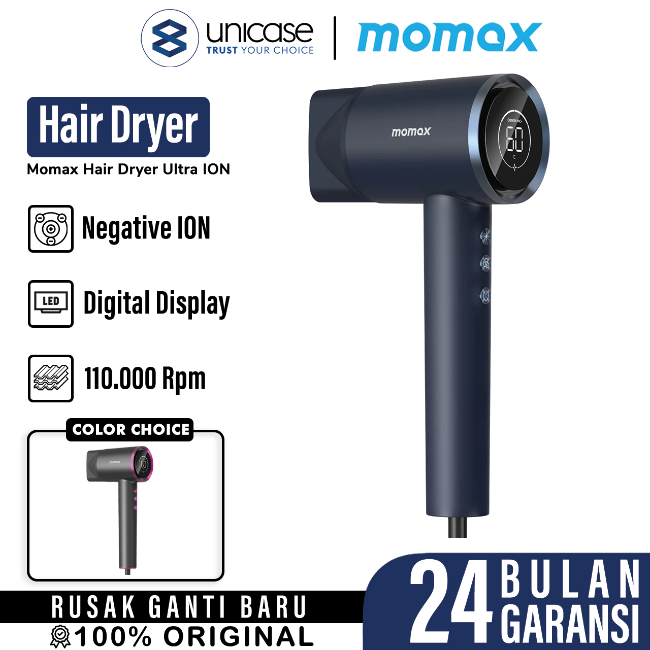 Momax Hair Dryer Ultra-Speed ION Hair Dryer - Dark Navy HL10EUB