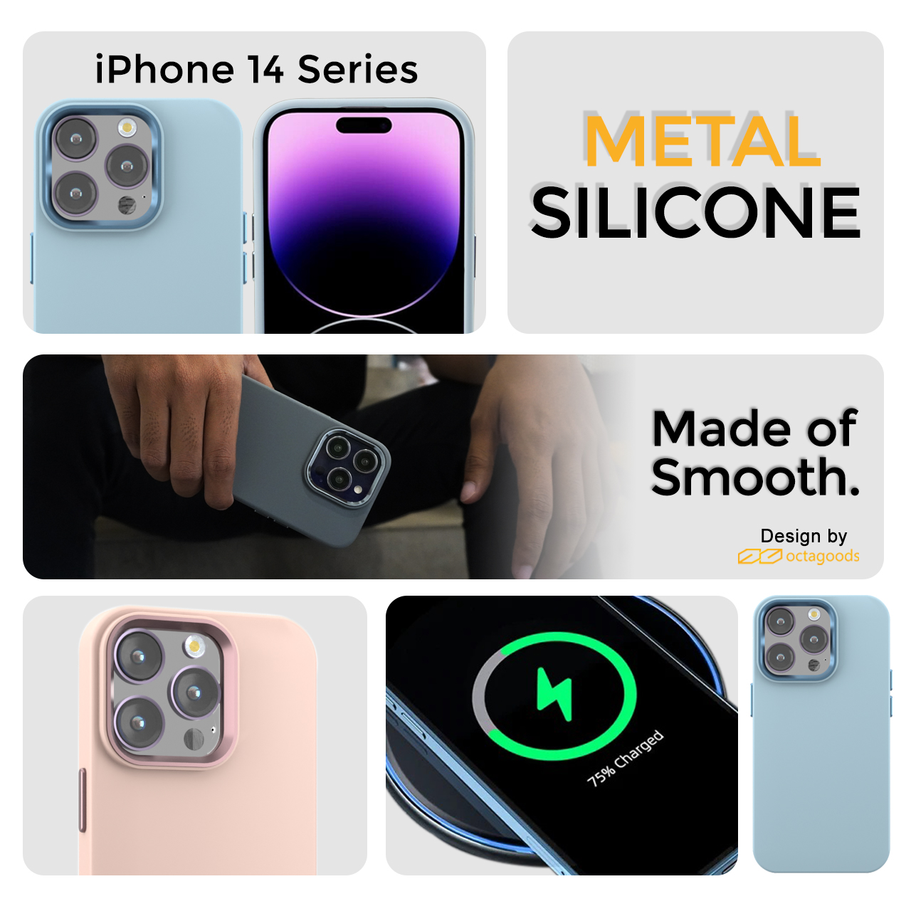 Case iPhone 14 Pro Max Plus Octagoods Metal Silicone Hybrid Soft Matte