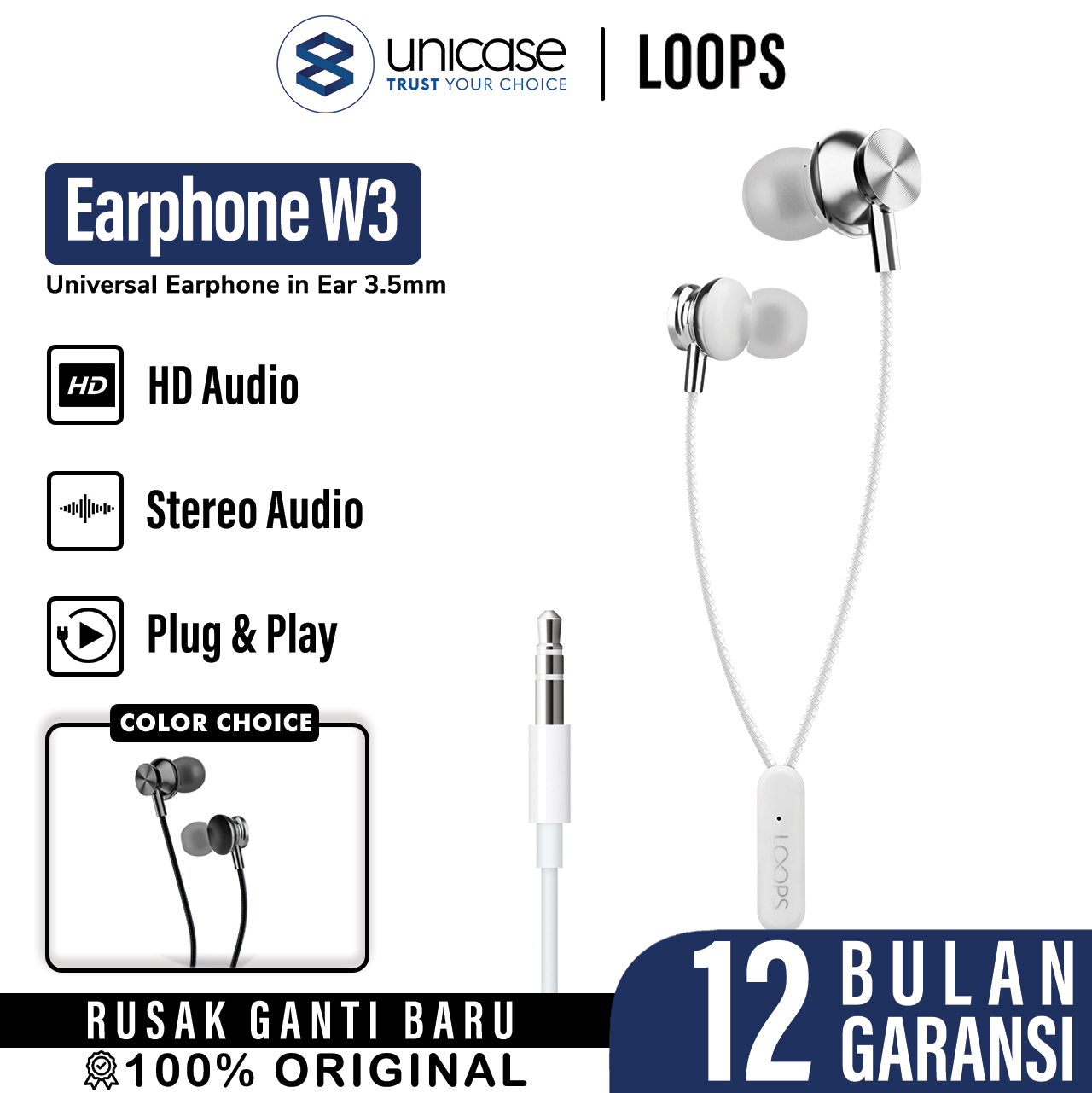 Earphone In Ear 3.5mm LOOPS W3 Wired Headset Kabel Mic Audio HD Cable