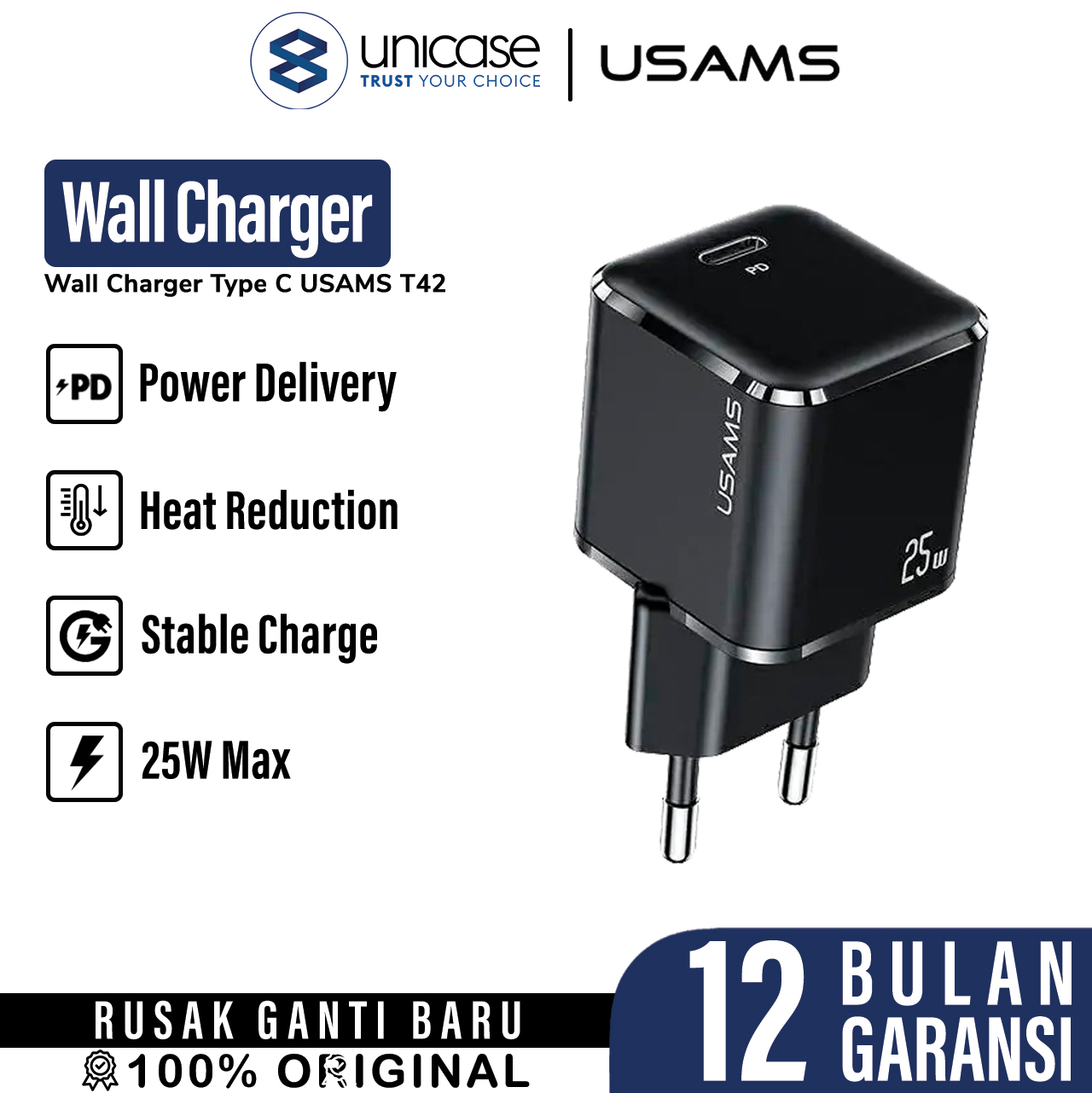 Wall Charger Type C USAMS T42 Fast Charging PD QC 25W Kepala Adaptor