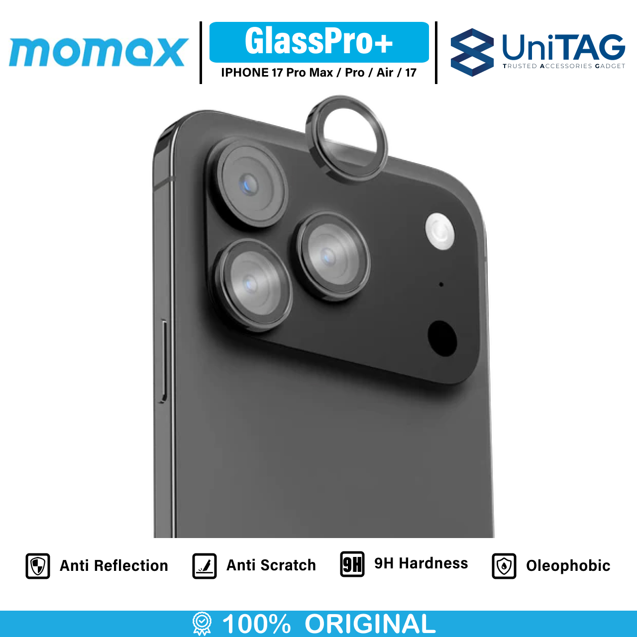Momax iPhone 17 Pro Max / 17 Pro Camera Lens Protector GlassPro+ Full Coverage - Transparent Black PZAP25CXL1D
