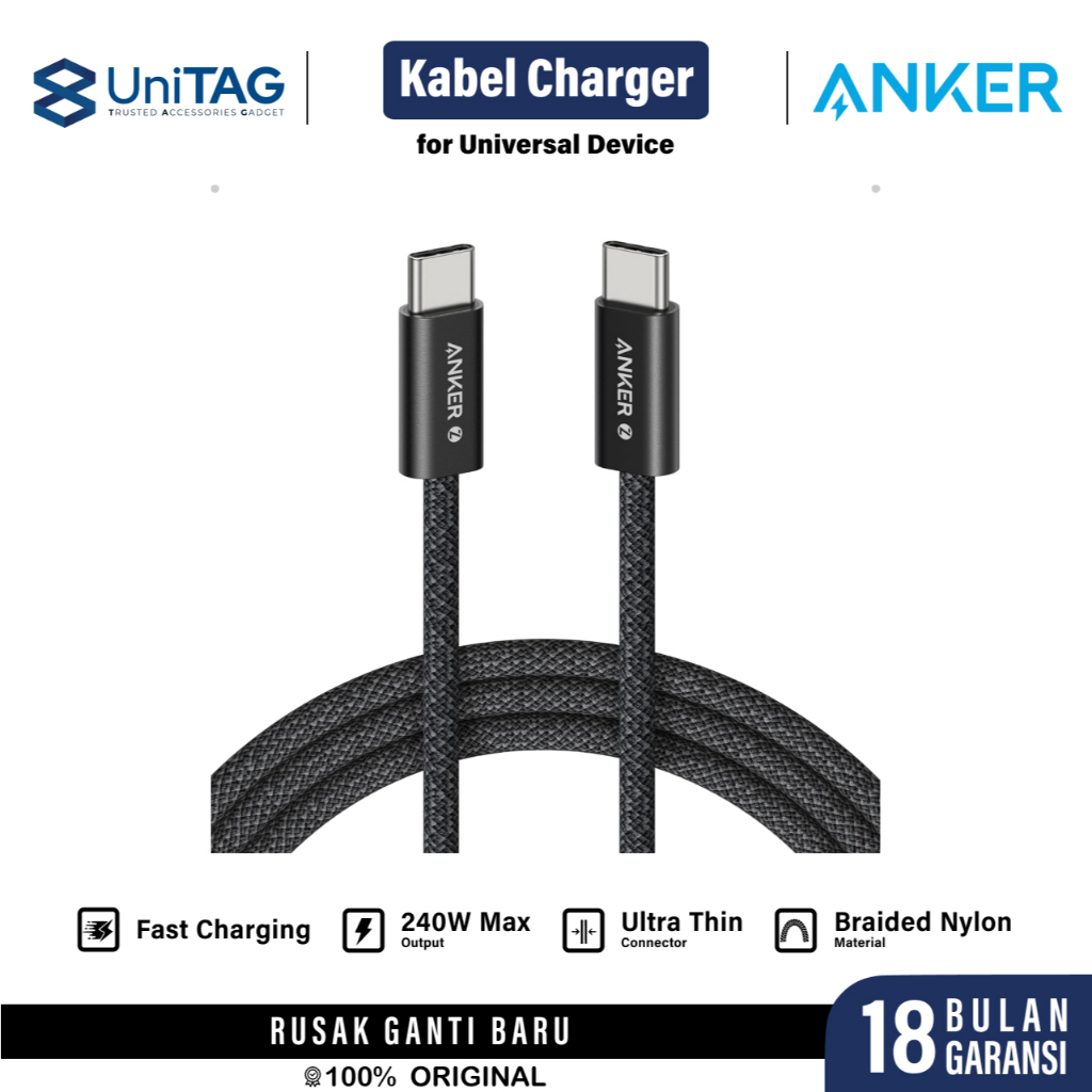 Anker Kabel Charger USB C - USB C 240W Braided 1.8m Zolo - White A8060H22