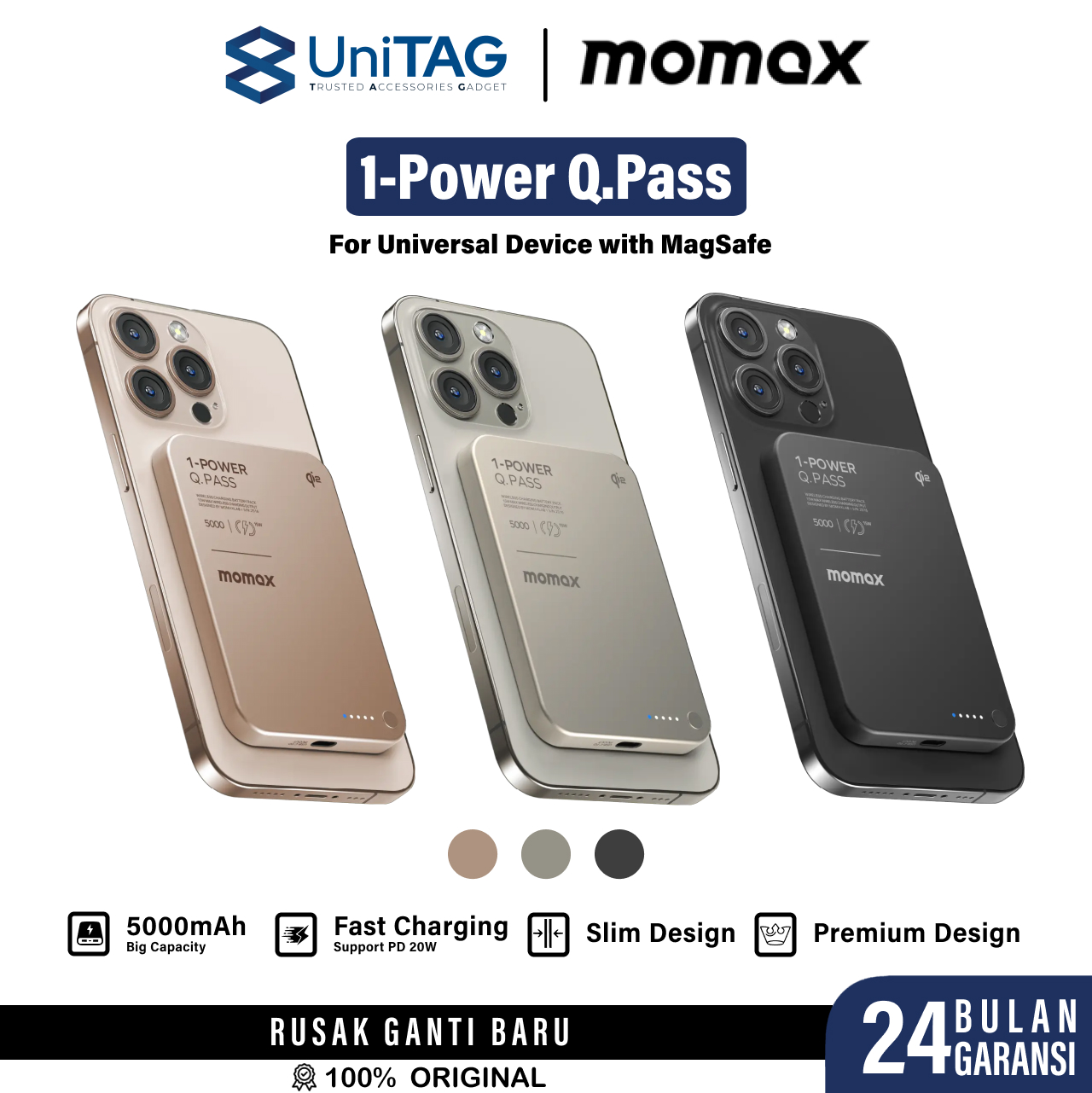 Momax Powerbank Magsafe Thin Q2 5000mAh 1-Power Q.Pass - Titanium IP129Q2L-1