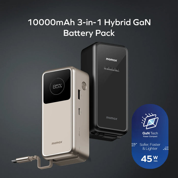 Momax Wall Charger Powerbank 3 in 1 Built in Retractable Cable USB C 45W GAN 10000mAh 1-PAC+ - Black IP167GSD