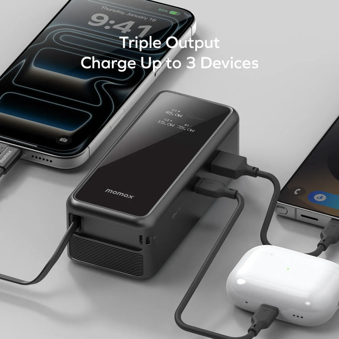 Momax Wall Charger Powerbank 3 in 1 Built in Retractable Cable USB C 45W GAN 10000mAh 1-PAC+ - Black IP167GSD