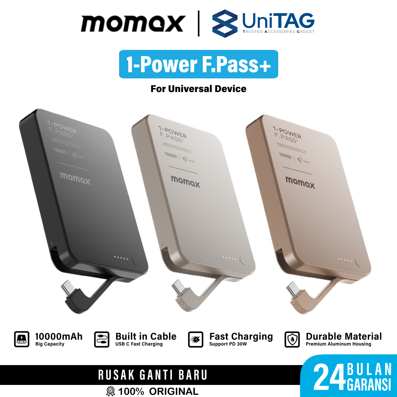 Momax Powerbank Built in Kabel Charger USB C (Magnetic attachment) 10000mAh 1-Power F.Pass+ - Sandstone IP158L2
