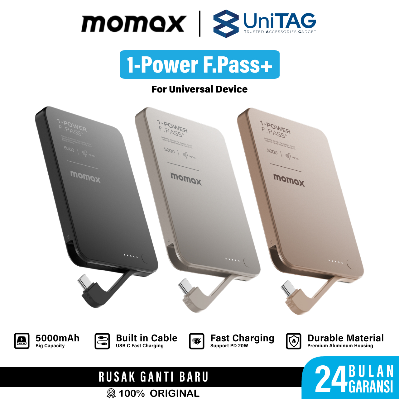 Momax Powerbank Built in Kabel Charger USB C (Magnetic attachment) 5000mAh 1-Power F.Pass+ - Black IP157D
