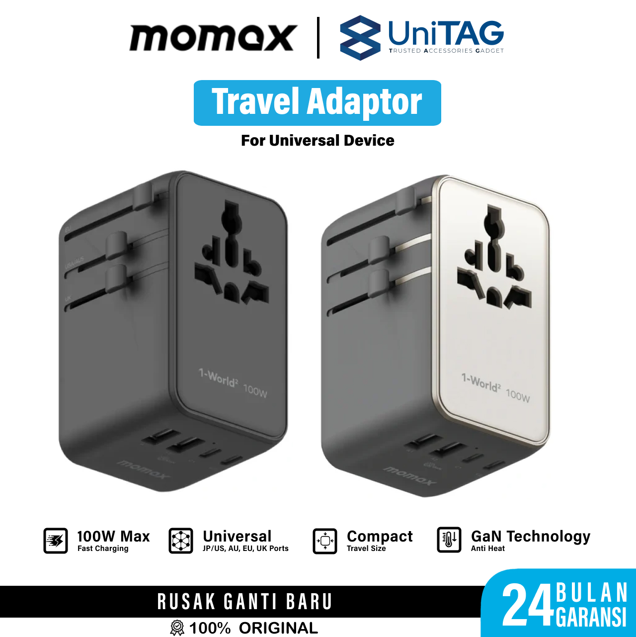 Momax Travel Adaptor 1-World2 Mini Universal 4-Port 2A 2C (with Dual AC) PD QC GaN 100W - Black UA23D