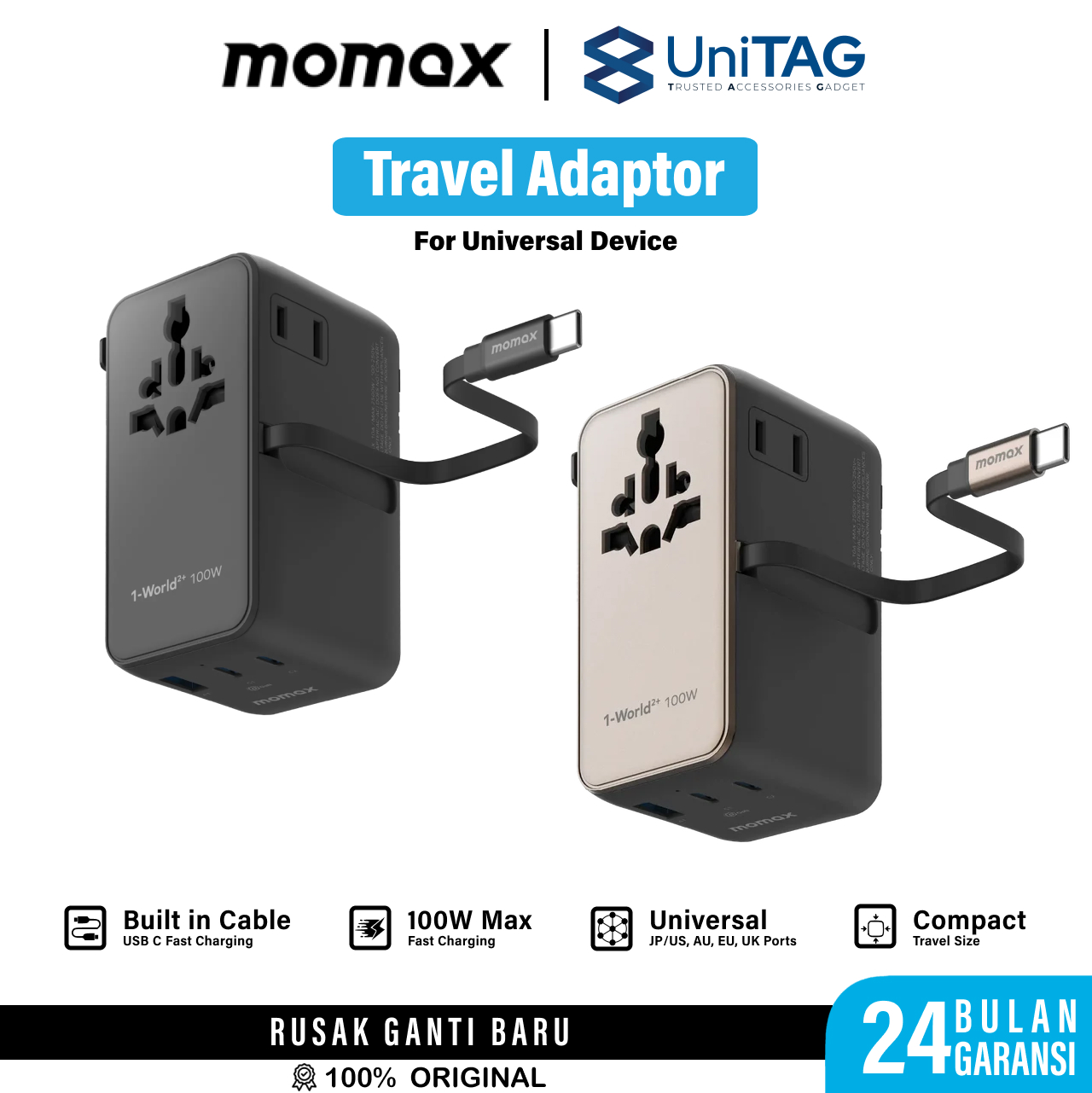 Momax Travel Adaptor 1-World2+ Mini Universal 4-Port 1A 2C + Built-in USB C (with Dual AC) PD QC GaN 100W - Black UA25D