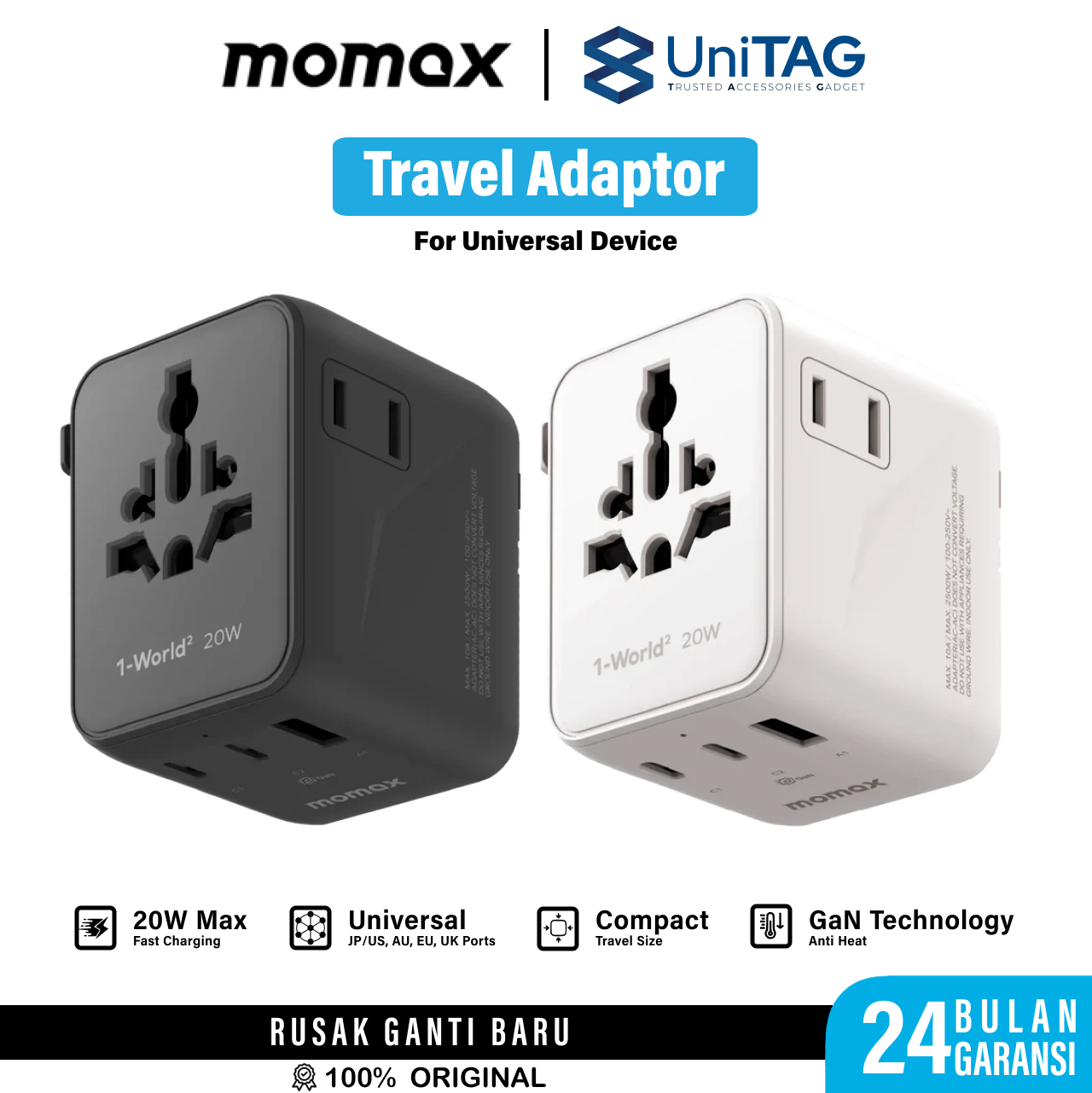 Momax Travel Adaptor 1-World2 Mini Universal 3-Port 1A 2C (with Dual AC) PD QC GaN 20W - White UA26W