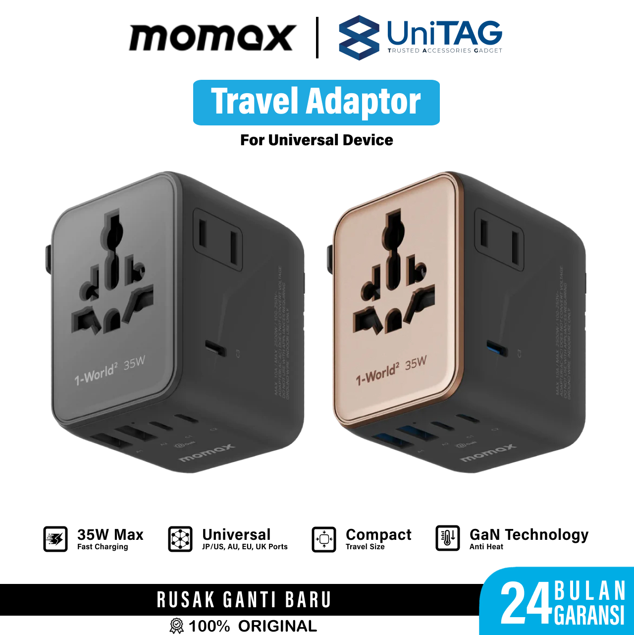Momax Travel Adaptor 1-World2 Mini Universal 5-Port 2A 3C (with Dual AC) PD QC GaN 35W - Black UA27D
