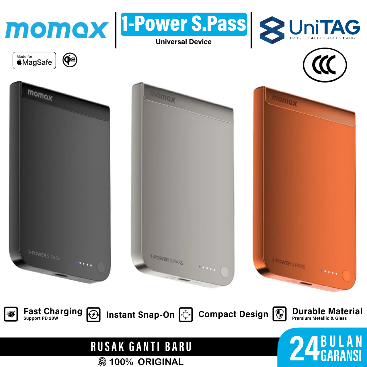 Momax Powerbank Magsafe Thin Qi2 5000mAh 1-Power S.Pass - Black IP161Q2D