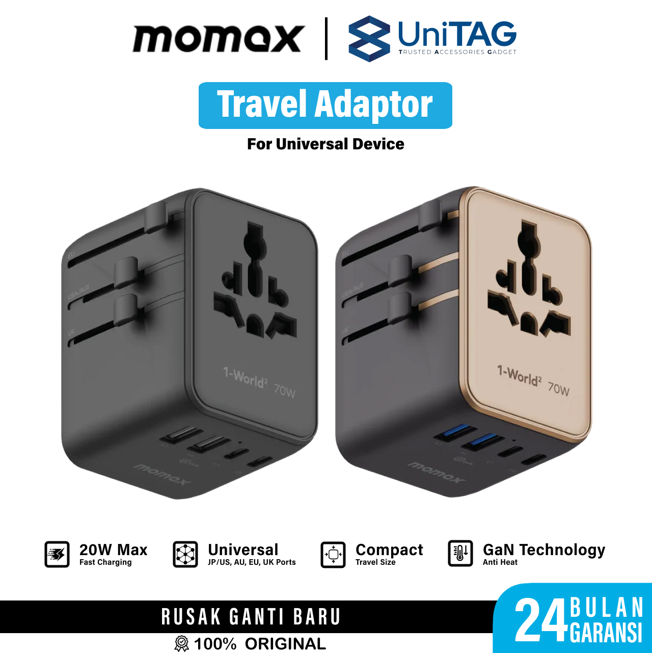 Momax Travel Adaptor 1-World2 Mini Universal 5-Port 2A 3C (with Dual AC) PD QC GaN 70W - Black UA22D