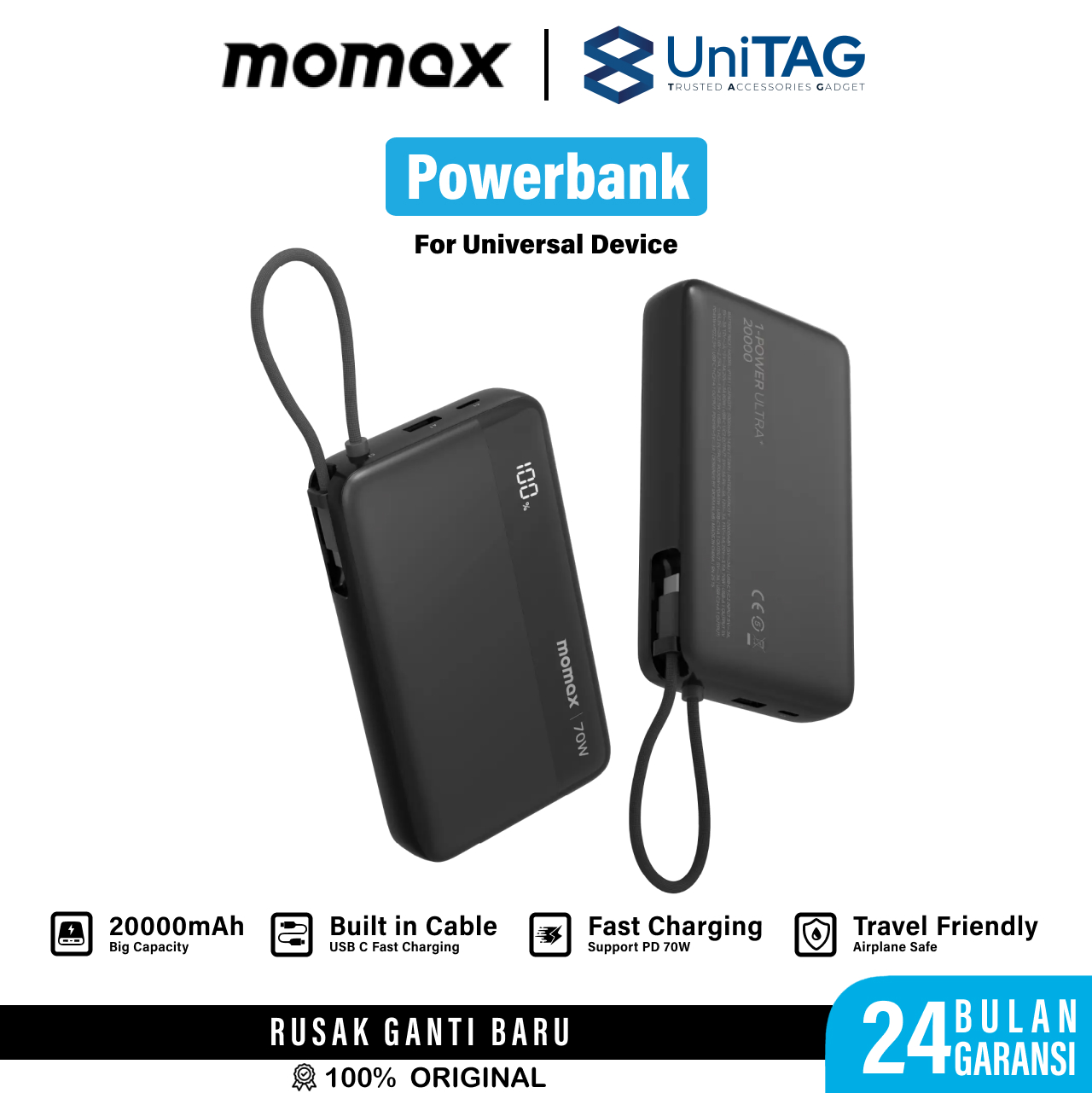 Momax Powerbank Built in Kabel Charger USB C 20000mAh 1-Power Ultra+ - Black IP151D