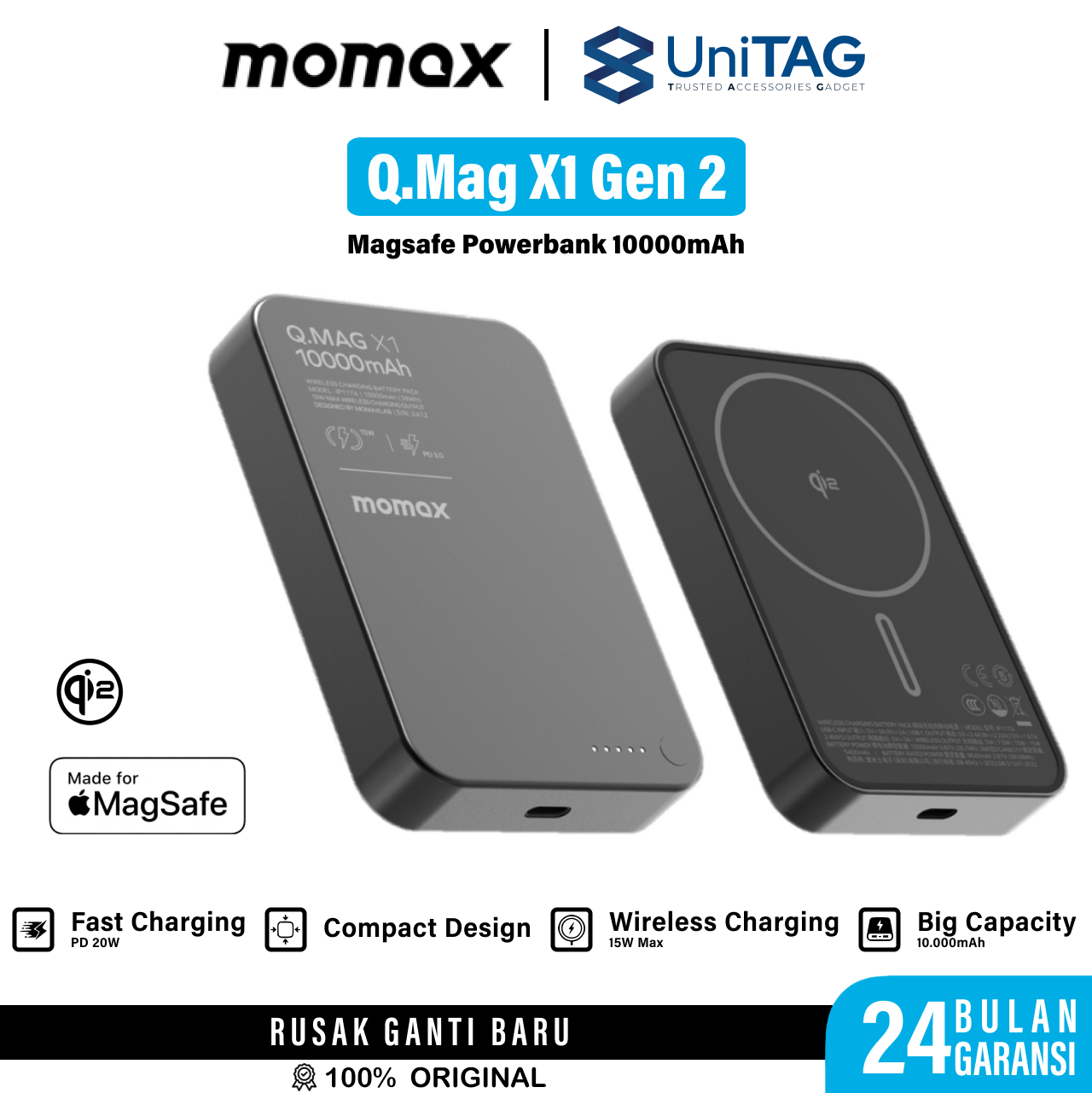 Momax Powerbank Magsafe Qi2 Thin 10000mAh Q.Pass X1 Gen 2 - Titanium IP136Q2L