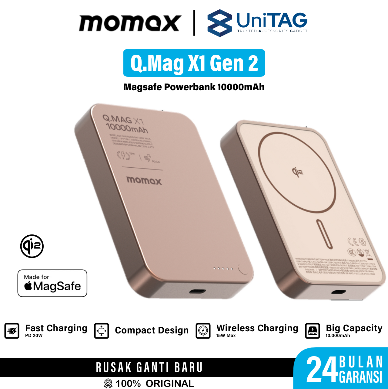 Momax Powerbank Magsafe Qi2 Thin 10000mAh Q.Pass X1 Gen 2 - Sandstone IP136Q2L2