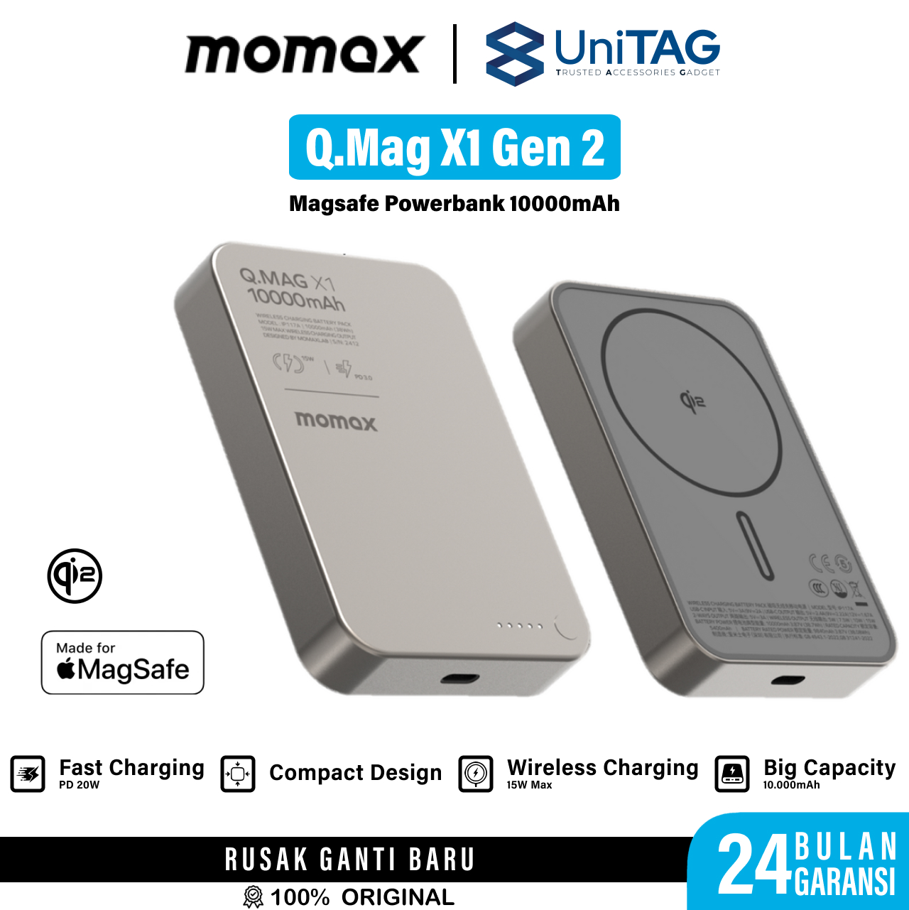 Momax Powerbank Magsafe Qi2 Thin 10000mAh Q.Pass X1 Gen 2 - Titanium IP136Q2L