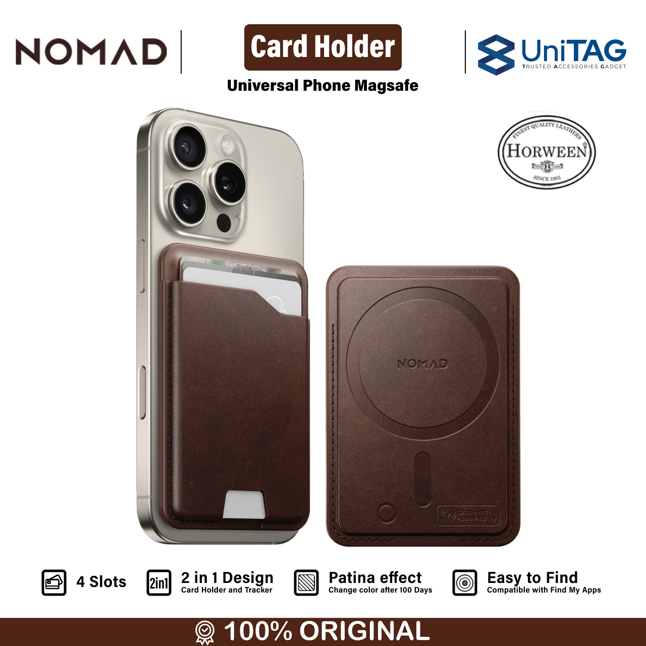Nomad Card Holder Magsafe Leather Mag Wallet with Find My Tracking - Rustic Brown NM014742858