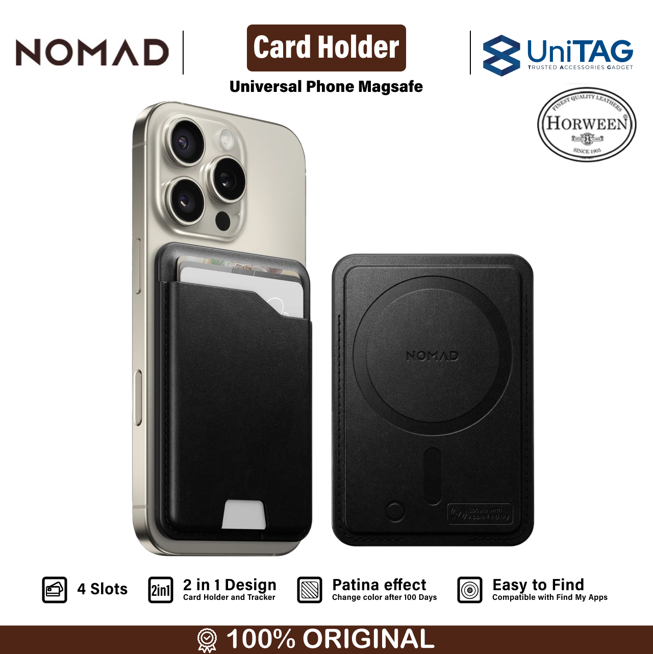 Nomad Card Holder Magsafe Leather Mag Wallet with Find My Tracking - Black Horween NM014469858