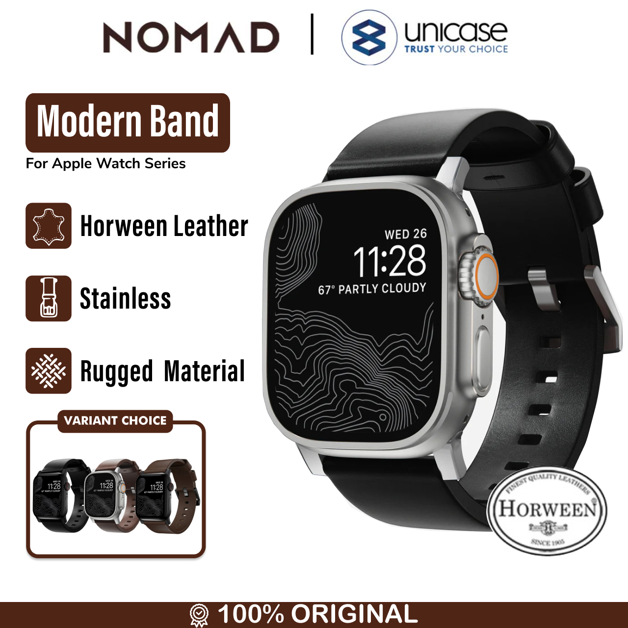 Nomad Apple Watch 49mm / 46mm / 45mm / 44mm / 42mm (Series 3 / 2 / 1) Strap Modern Band Horween Leather - Black Silver Hardware NM1A41SM00
