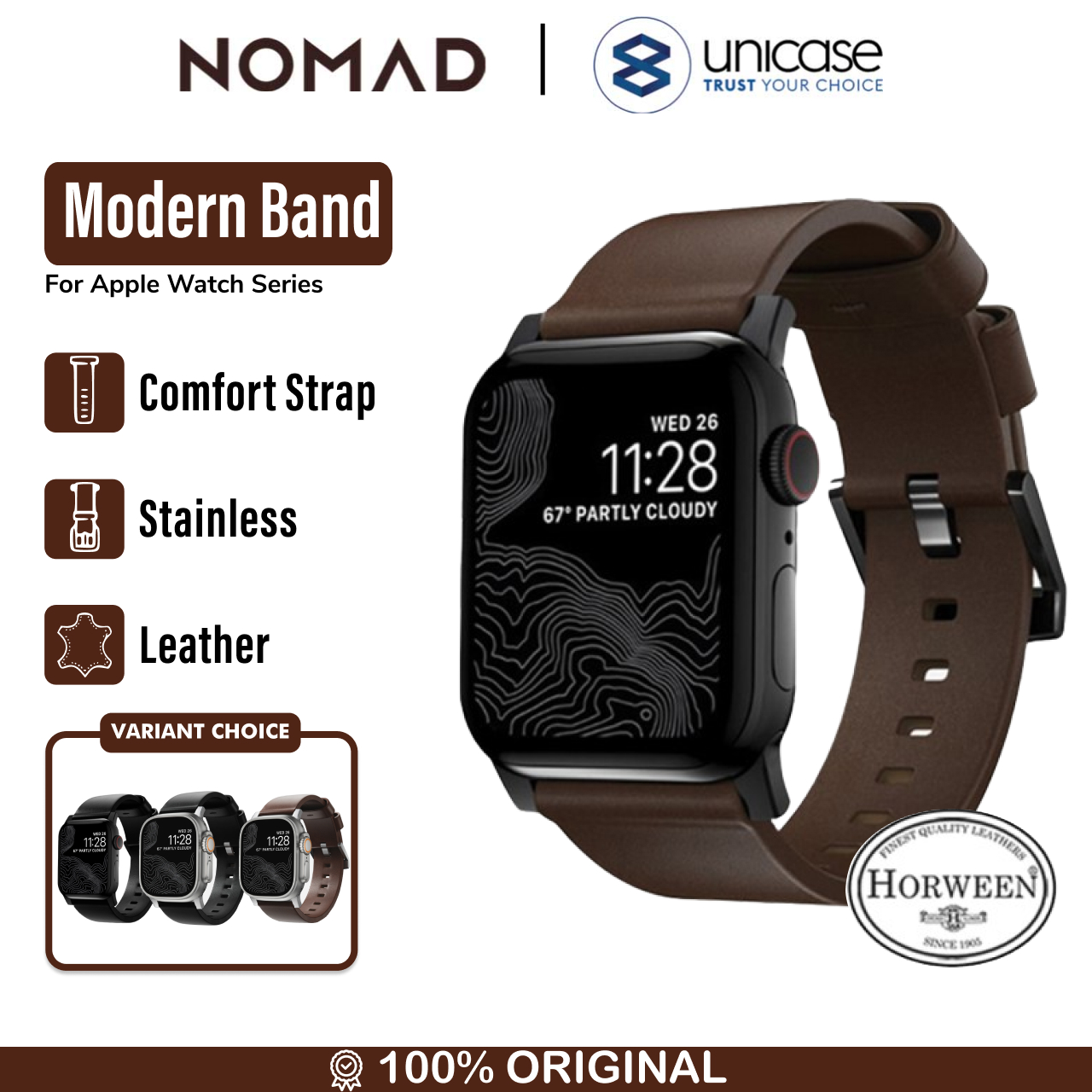 Nomad Apple Watch 49mm / 46mm / 45mm / 44mm / 42mm (Series 3 / 2 / 1) Strap Modern Band Horween Leather - Rustic Brown NM1A4RBM00