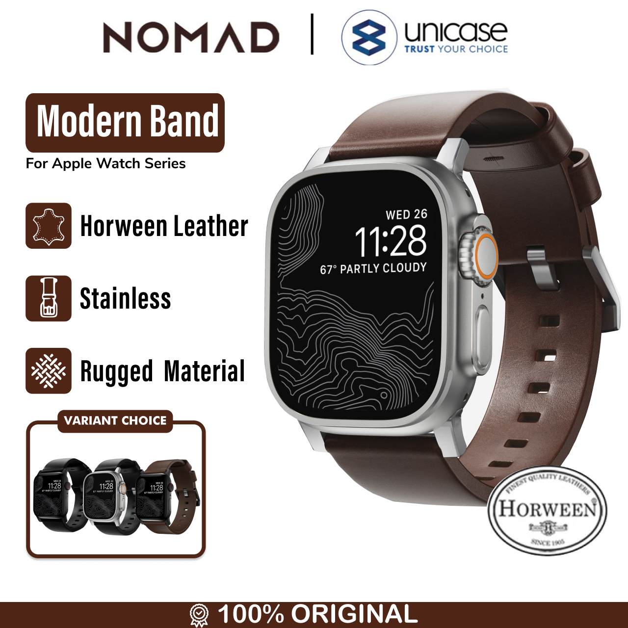 Nomad Apple Watch 49mm / 46mm / 45mm / 44mm / 42mm (Series 3 / 2 / 1) Strap Modern Band Horween Leather - Rustic Brown Silver Hardware NM1A4RSM00