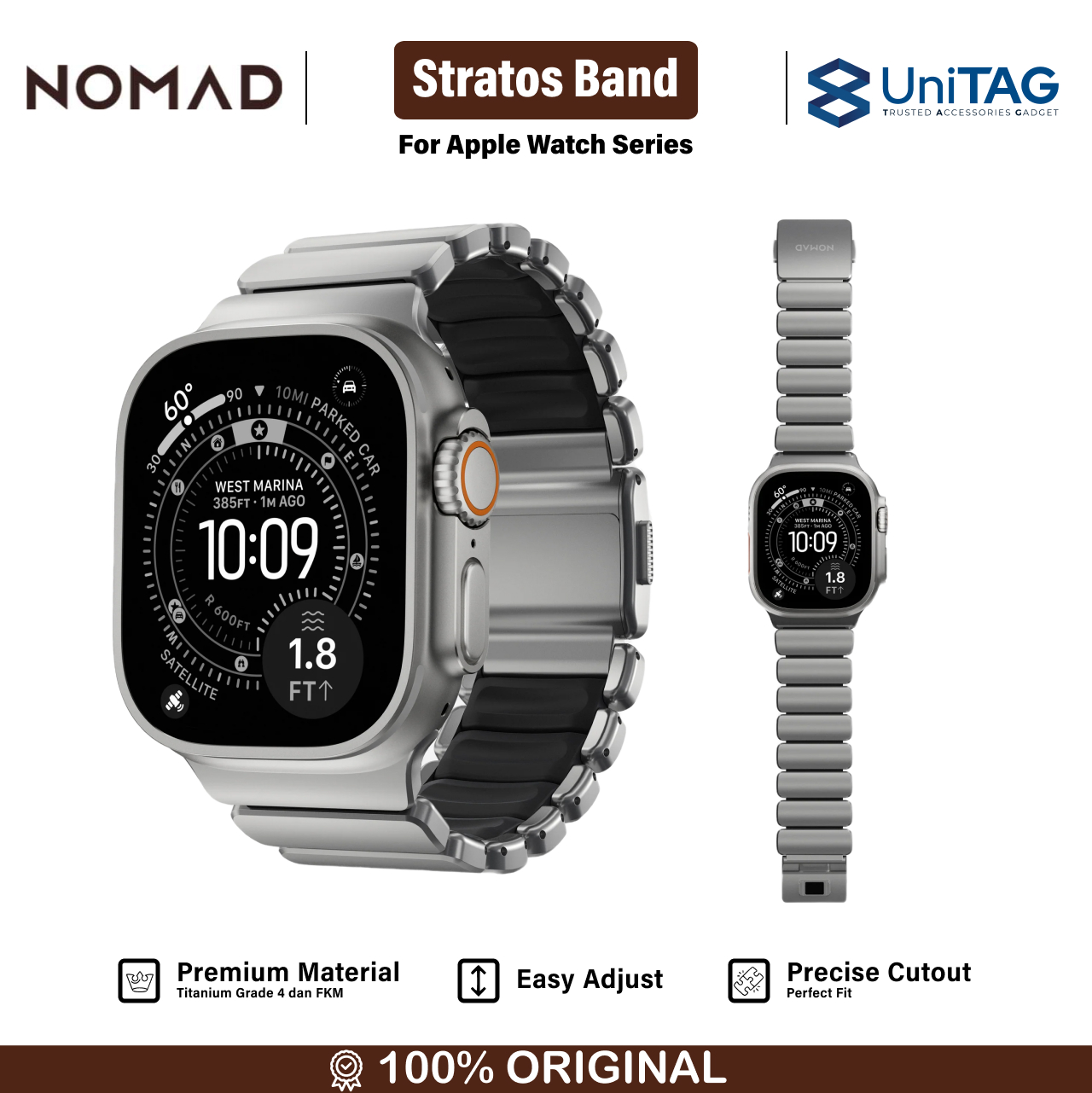 Nomad Apple Watch 49mm / 46mm / 45mm / 44mm / 42mm (Series 3 / 2 / 1) Stratos Band Natural Titanium - Black FKM NM014421858 (Online Eksklusif)