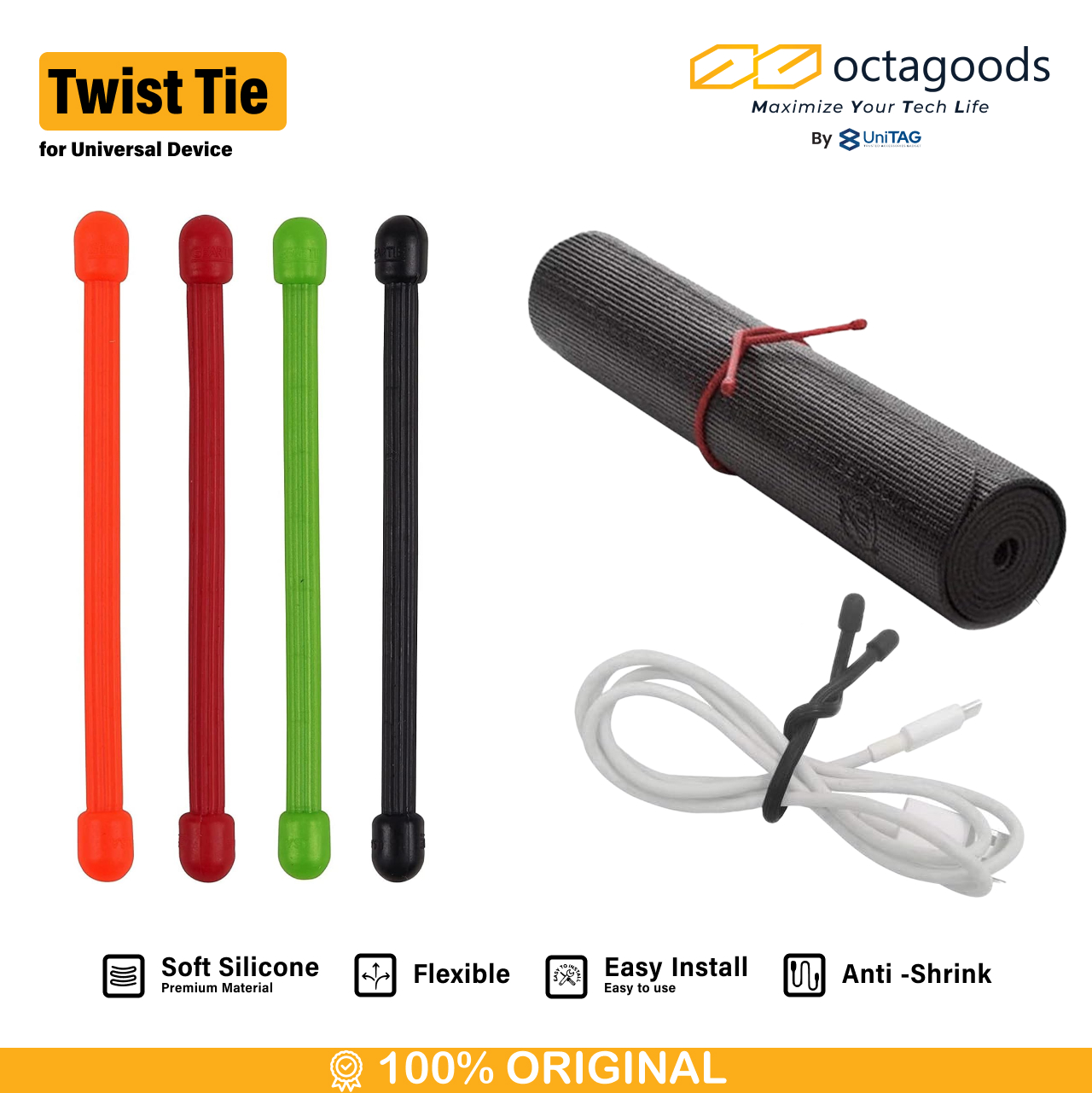 Octagoods Cable Organizer 4 Inch Silicone Cable Tie 4 Pack - Black Green Red Orange