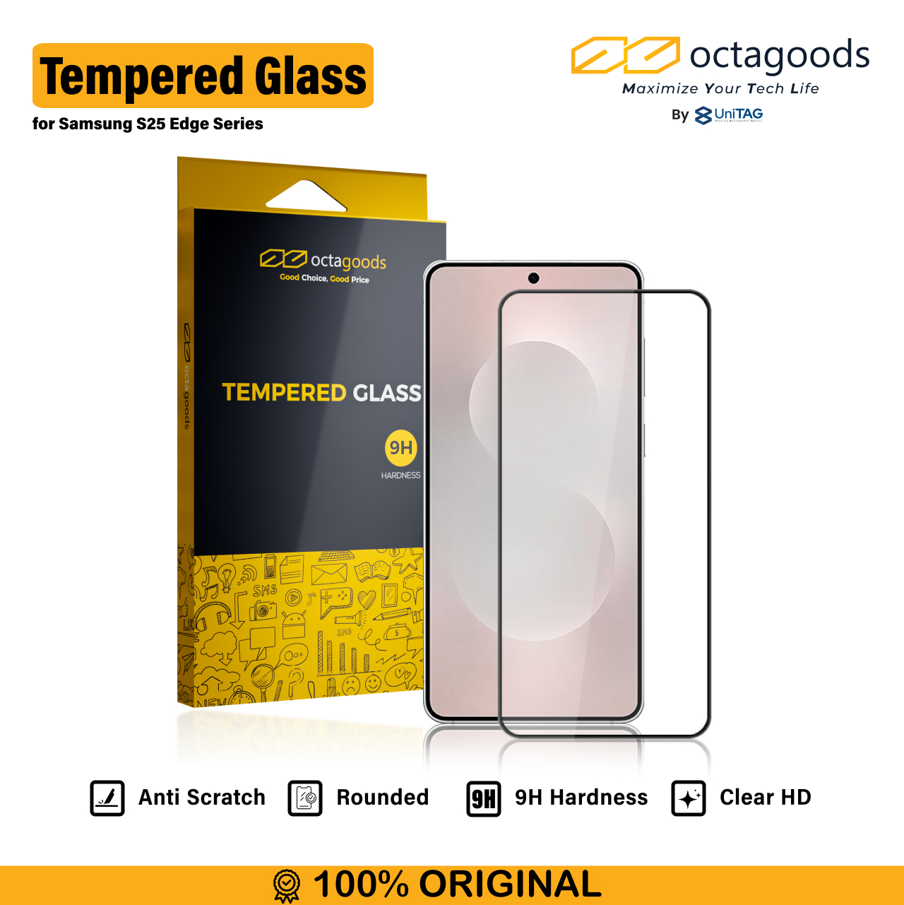 Octagoods Galaxy S25 Edge Tempered Glass Full Cover - Black SX7636