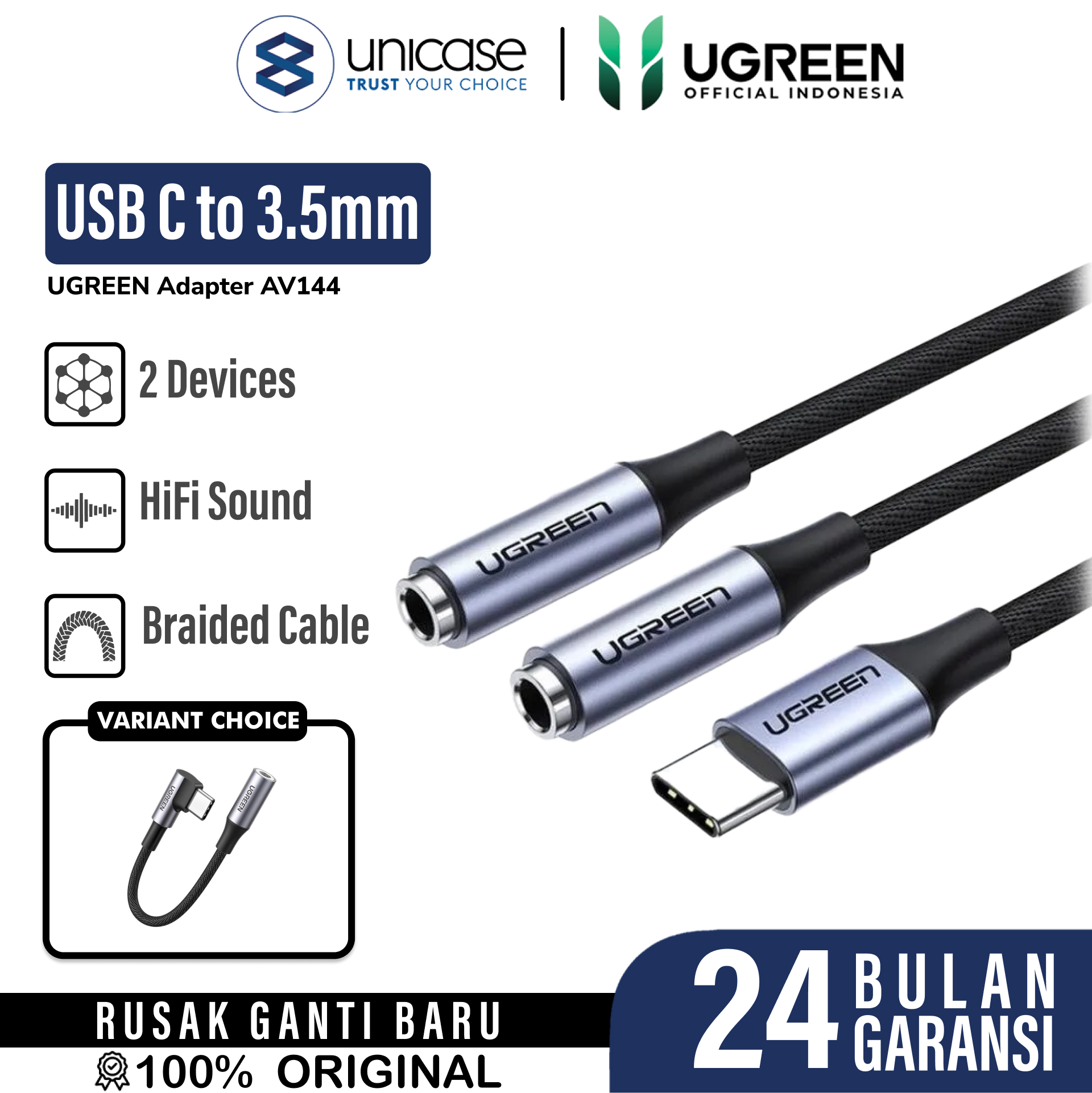 UGREEN Kabel Audio Splitter Dual 3.5mm - USB C Braided 0.2m - AV144 30732