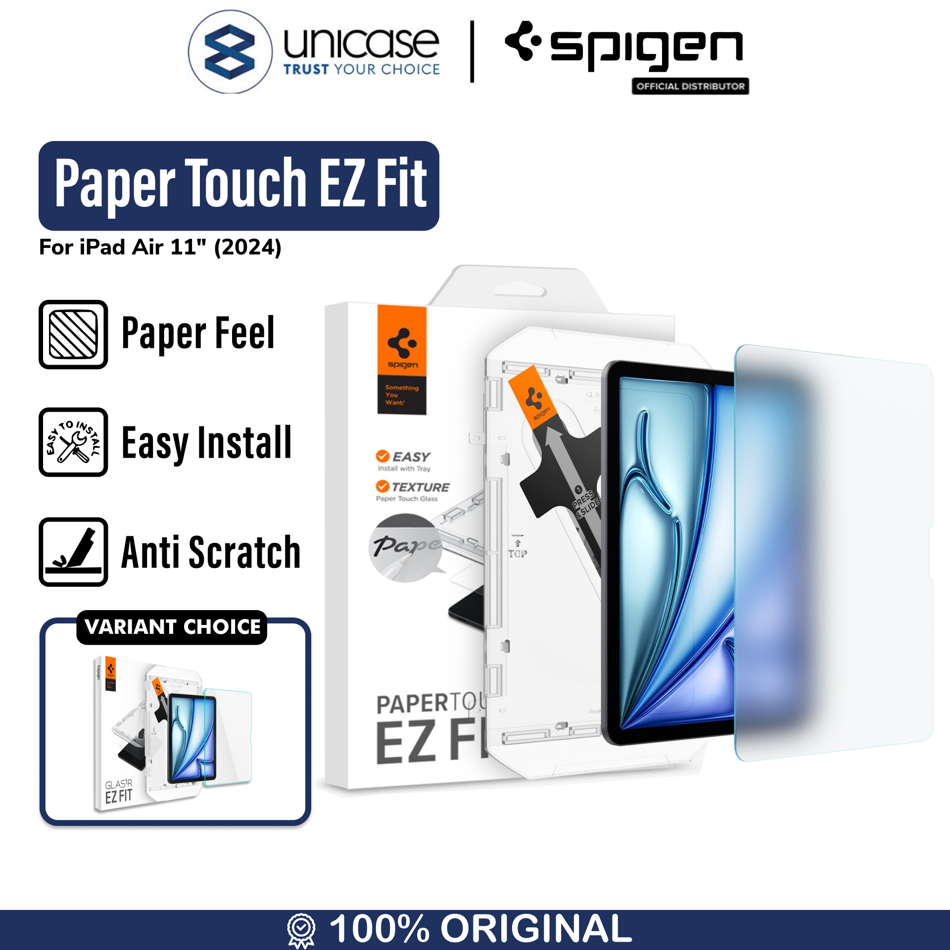 Spigen iPad Air 11" (2025 / 2024) Screen Protector Paperlike with Tray 1 Pack Paper Touch EZ Fit - Transparency AGL07799
