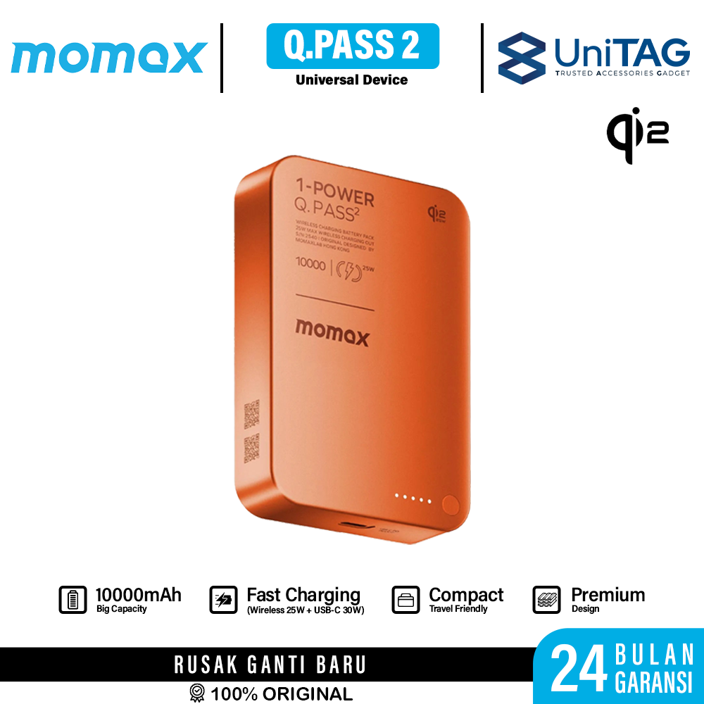 Momax Powerbank Magsafe Qi2.2 Thin 10000mAh 25W 1-Power Q.Pass2 - Orange IP168Q22M
