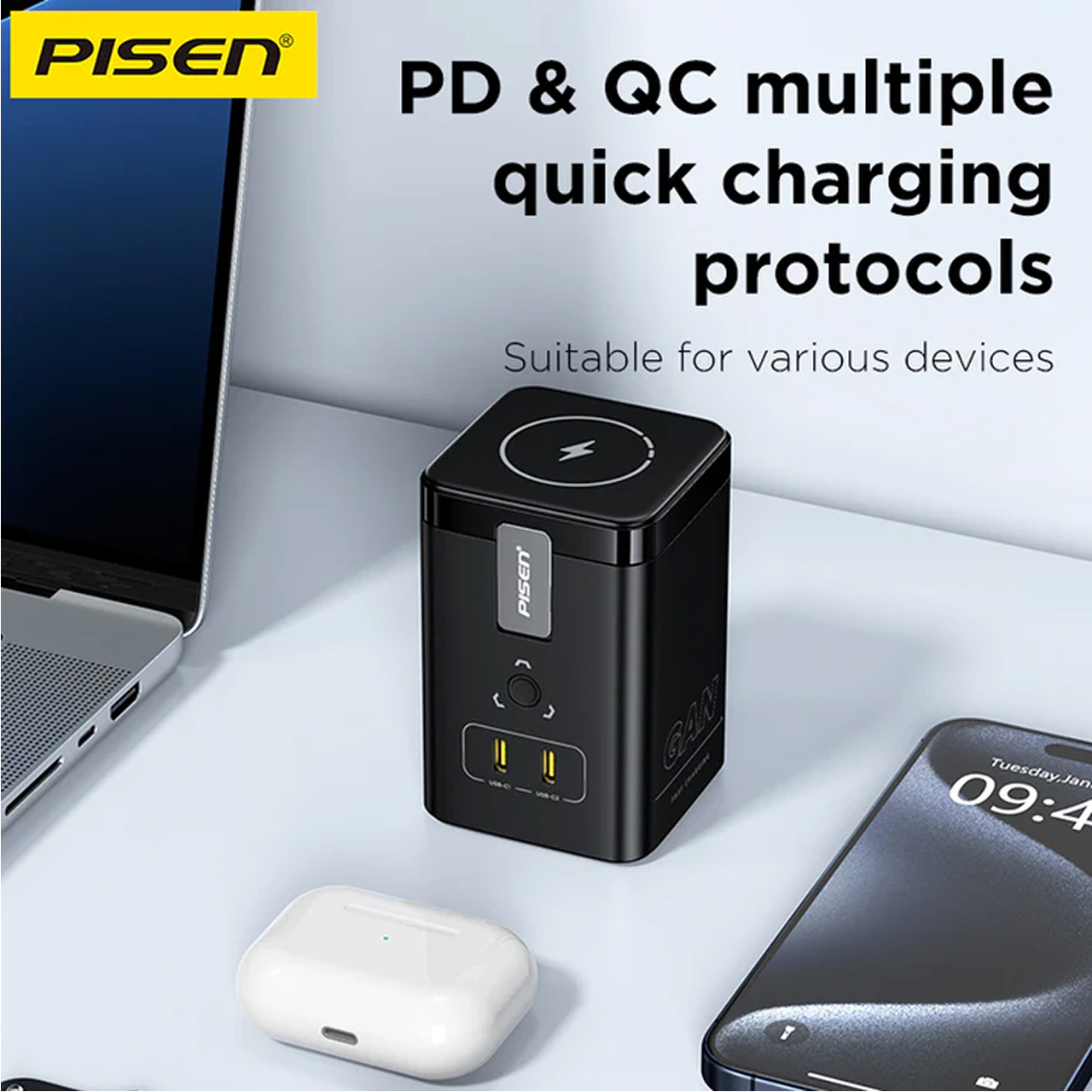 Pisen Desktop Charger Wireless 1C GaN 45W - Black TP-C25