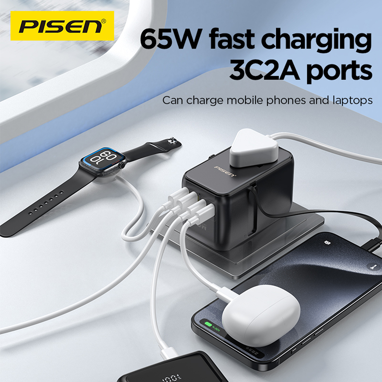 Pisen Travel Adaptor Global Travel 5-Port 2A 2C with Built-in USB C 65W - Black TP-C94