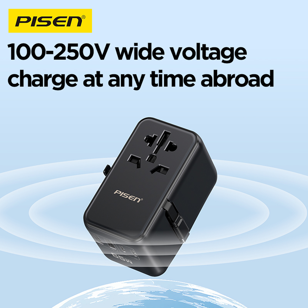 Pisen Travel Adaptor Global Travel 5-Port 2A 2C with Built-in USB C 65W - Black TP-C94