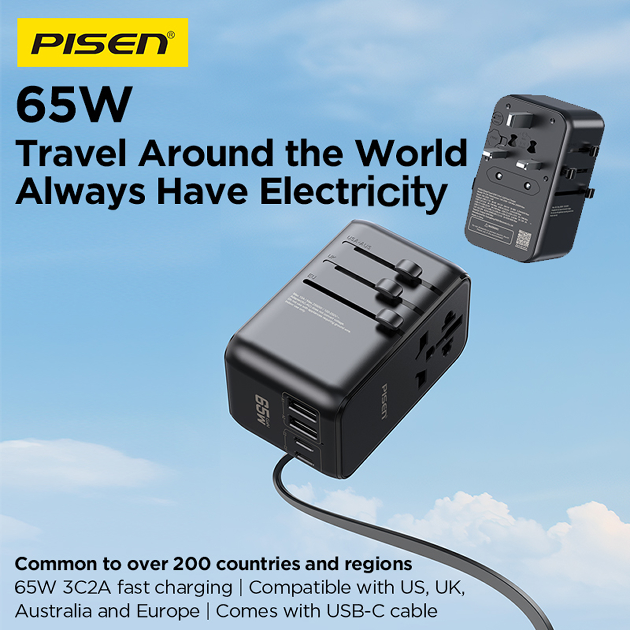 Pisen Travel Adaptor Global Travel 5-Port 2A 2C with Built-in USB C 65W - Black TP-C94