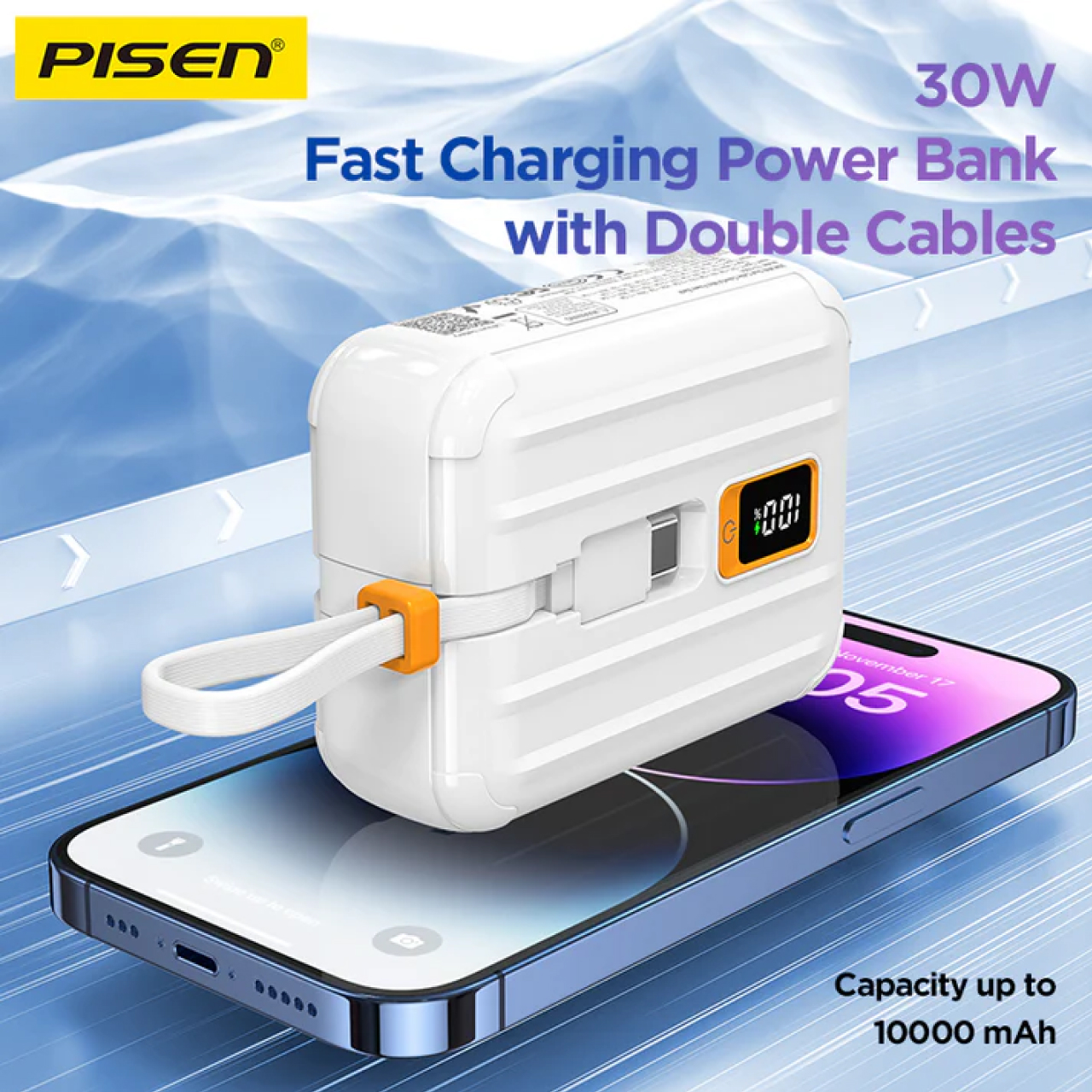 Pisen Powerbank 10000mAh 1C + Dual Built-in USB C 30W - White TS-D364