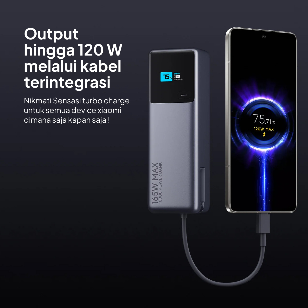 Xiaomi Powerbank Built in Kabel Charger USB C 10000mAh 165W - Gray