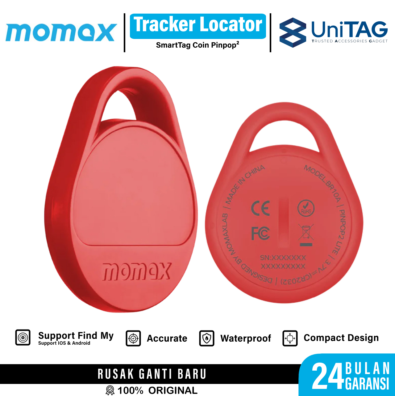 Momax Universal GPS Tracker Pinpop Lite Find My Locator - Red BR10AR