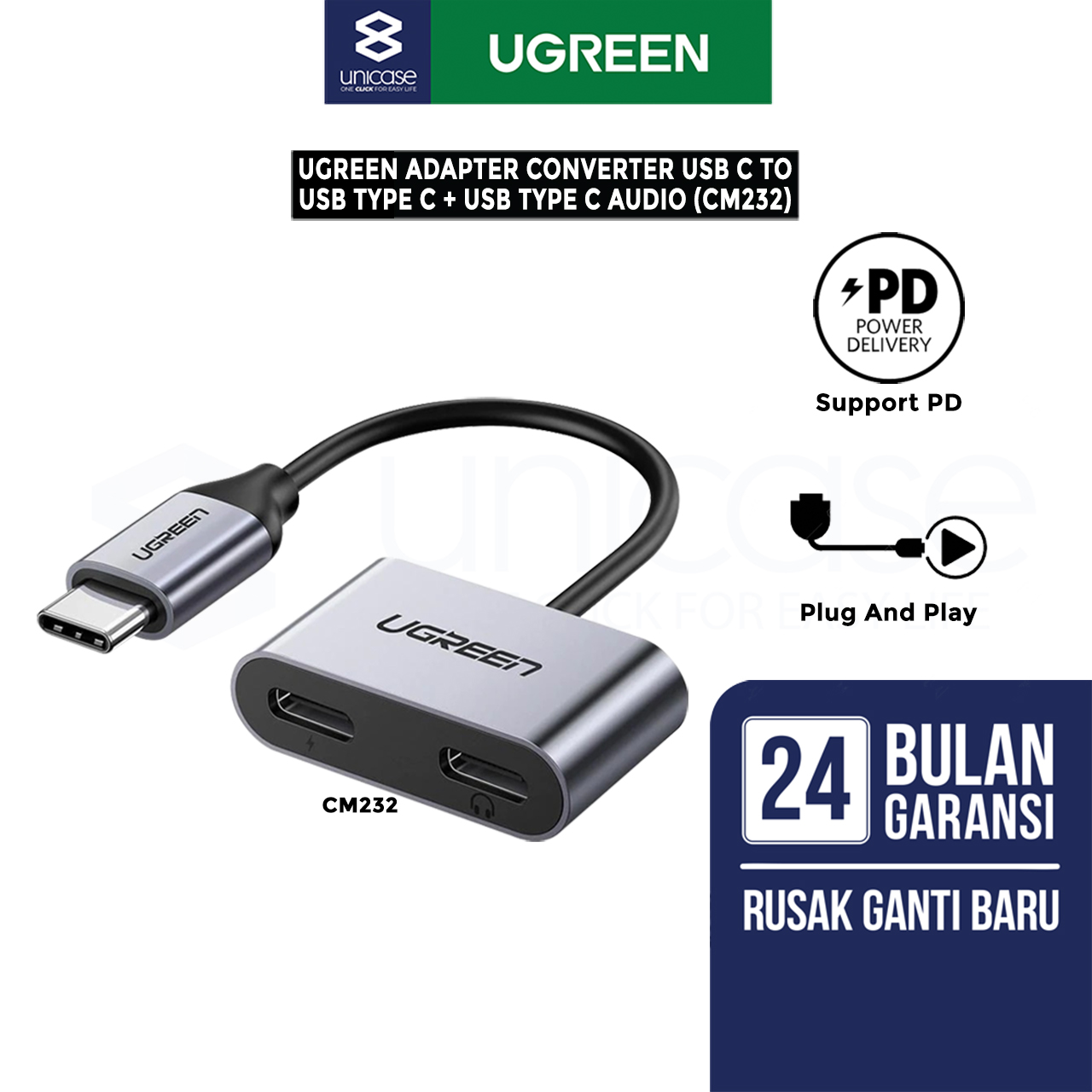 UGREEN Adapter Converter USB C to USB Type C + USB Type C Audio - Gray Aluminium CM232 60165